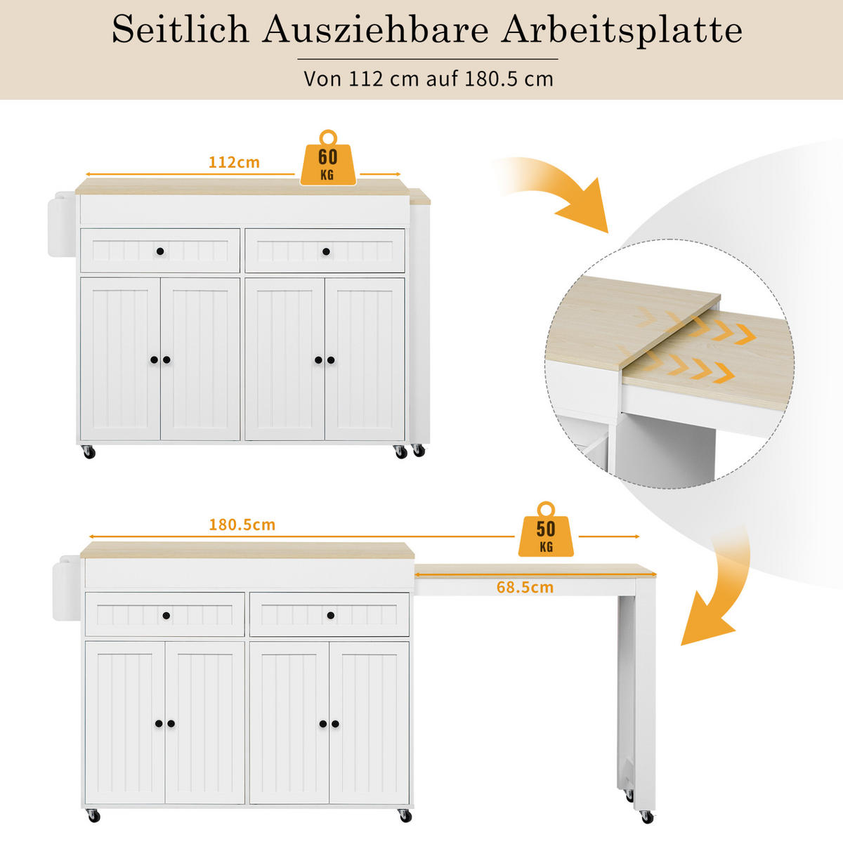 KÜCHENINSEL mit ausziehbarer Arbeitsplatte 112-180,5 cm White/Natural - Weiß, Holz (45/92.2/180.5cm) - Beauniv