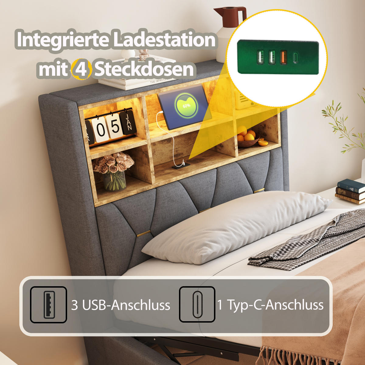 POLSTERBETT 90x200 cm mit LED, USB, Stauraum, Leinen, Grau - Grau, Holz (90/200cm)