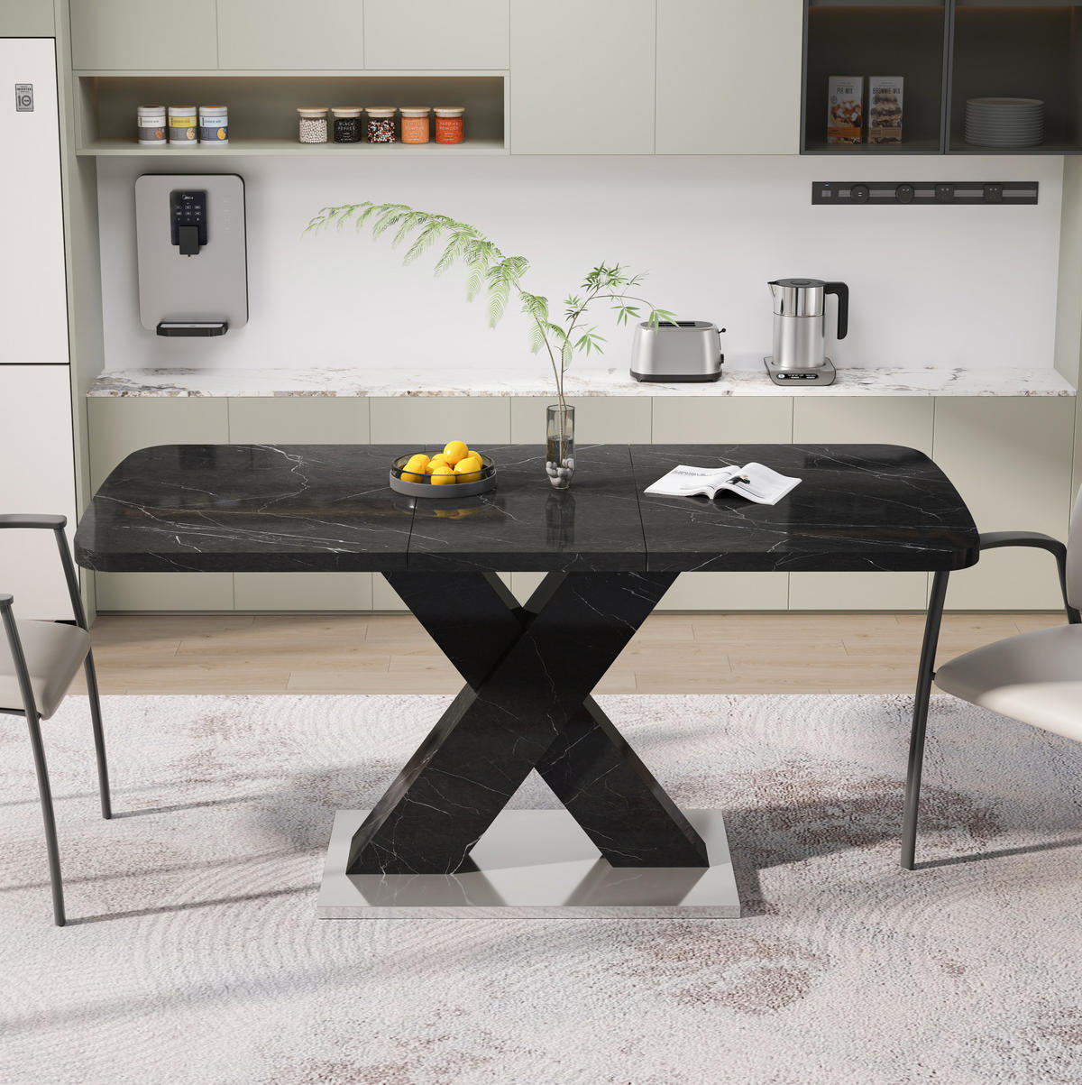 ESSTISCH 120-160/80/76,5 cm aus MDF und Stahl, ausziehbar mit schwarzer Marmoroptik, Schwarz - Schwarz, Holzwerkstoff (160/80/76.5cm) - Redom