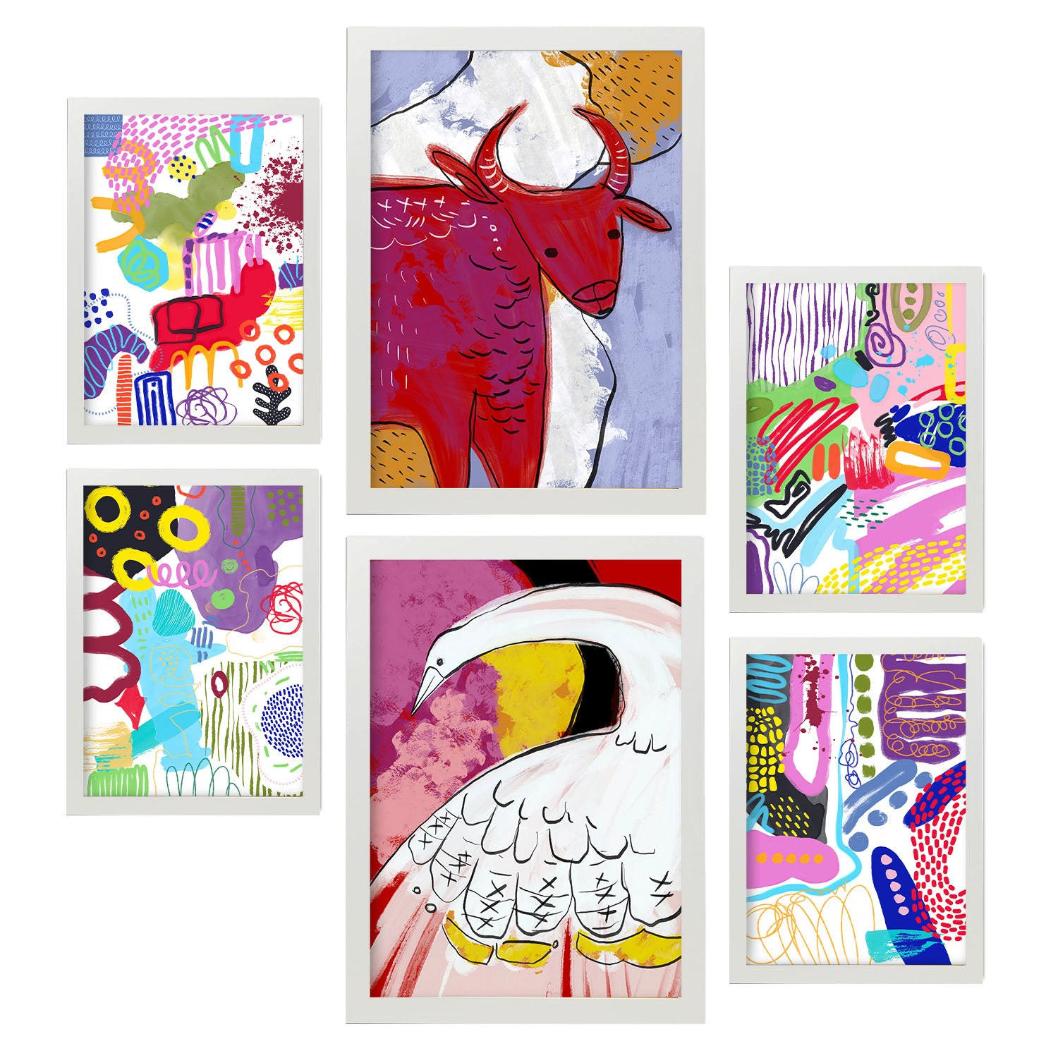 POSTER Set Mit 6 Auffällt 2 In Tiere Zusammenfassungen A3 & A4 Weißer Rahmen - Weiß, Papier (29/3cm) - Nacnic