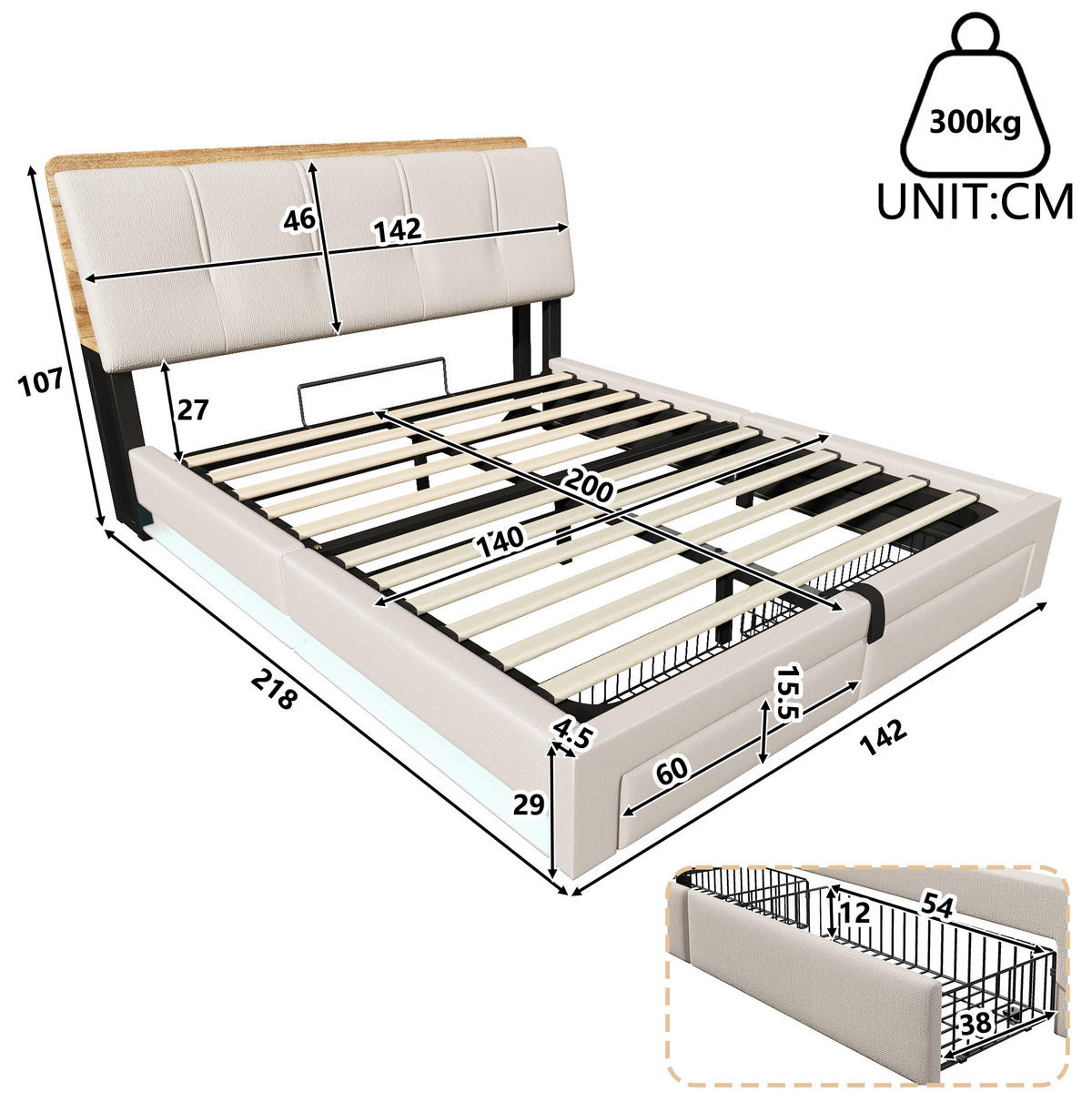POLSTERBETT 140/200 cm Beige mit LED-Beleuchtung, USB- und USB-C-Anschluss, hydraulischem Bettkasten und Schubladen - Beige, Textil (140/200cm) - OKMYHOME