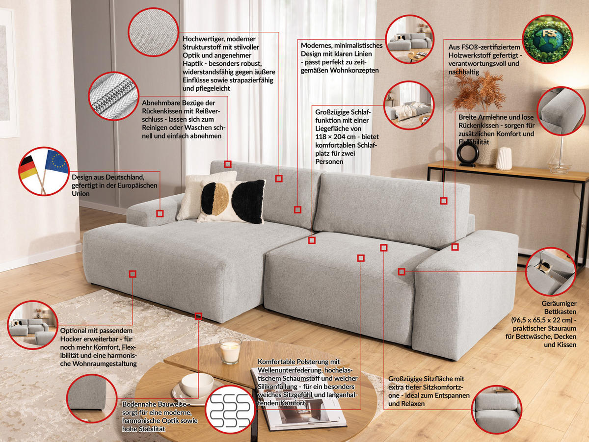 ECKSOFA inkl. Hocker Lennon aus Beige Strukturstoff mit Schlaffunktion und Bettkasten - Beige/Schwarz, Holz/Kunststoff (137/264cm) - S-Style