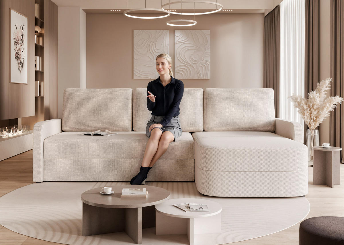 ECKSOFA CERIS mit Schlaffunktion und Bettkasten Creme - Creme, Holzwerkstoff/Kunststoff (250/160cm) - Idohome