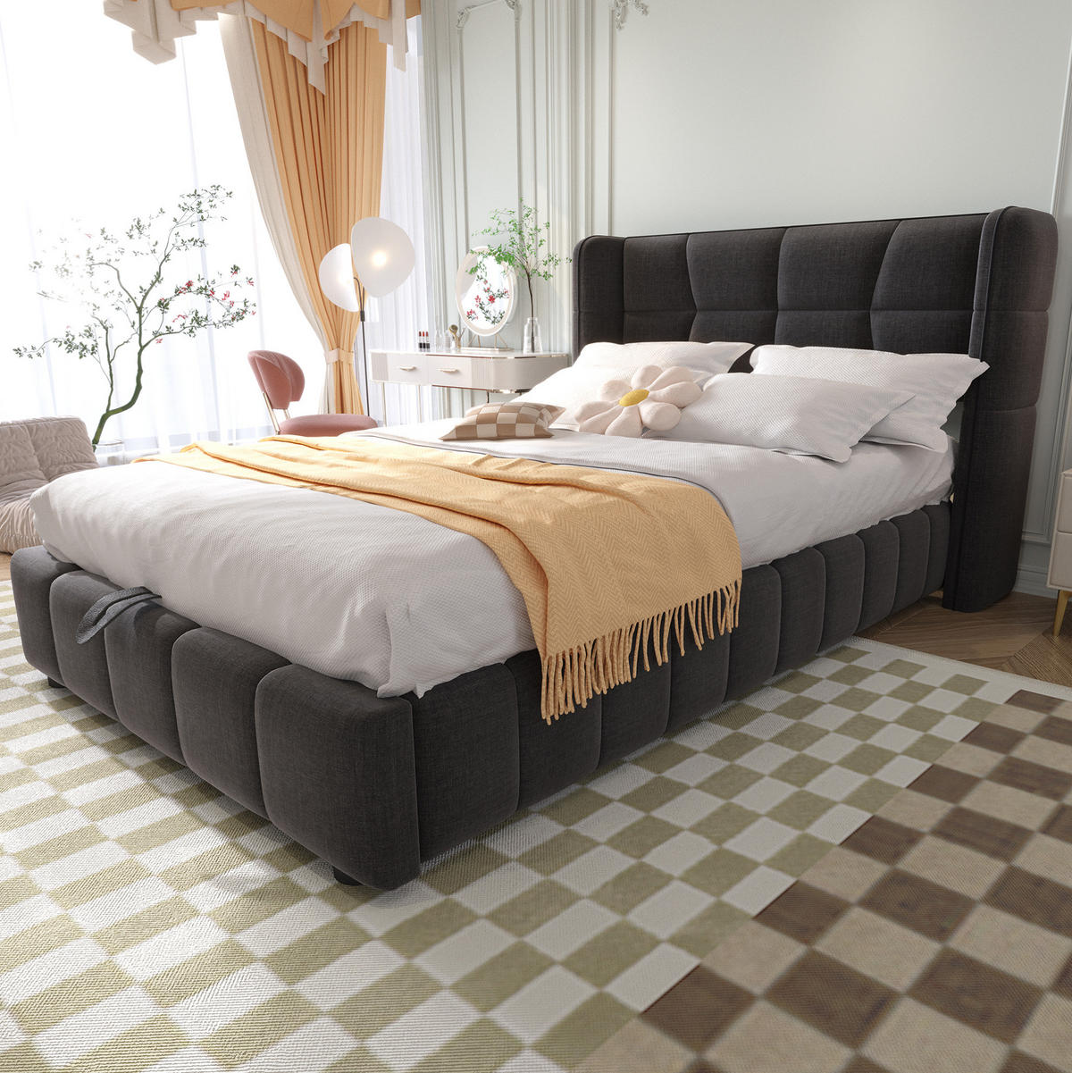 POLSTERBETT mit Bettkasten 90/200 cm in Grau mit gepolstertem Kopfteil - Grau, Textil (90/200cm) - BEAOK