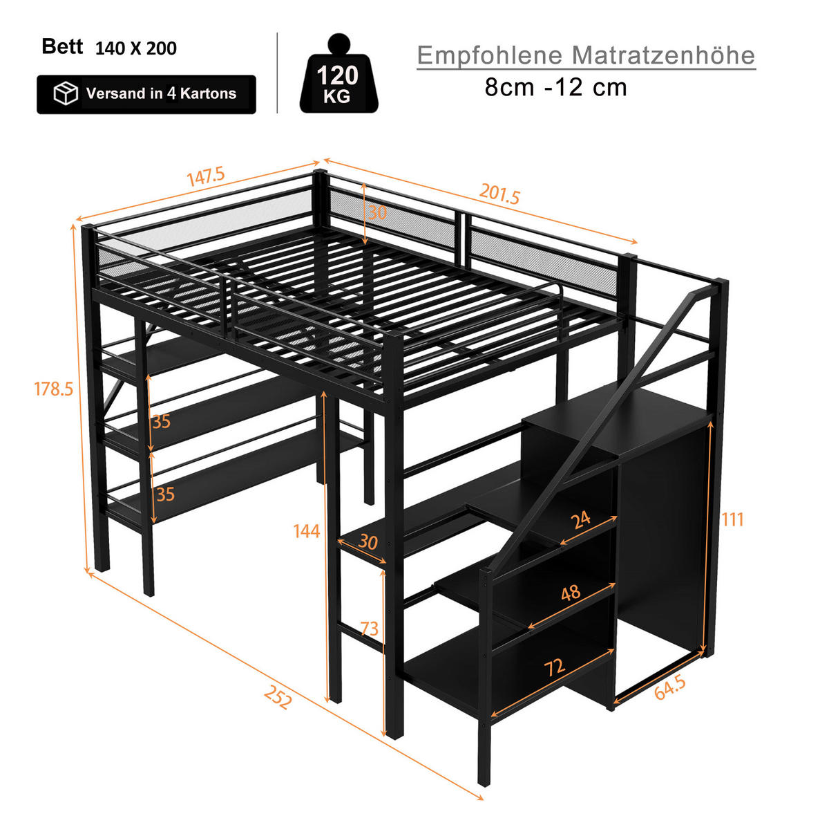 HOCHBETT aus Metall 140x200 cm Schwarz mit Schreibtisch, Kleiderschrank und Stauraumtreppe - Schwarz, Metall (140/200cm) - IVMEU