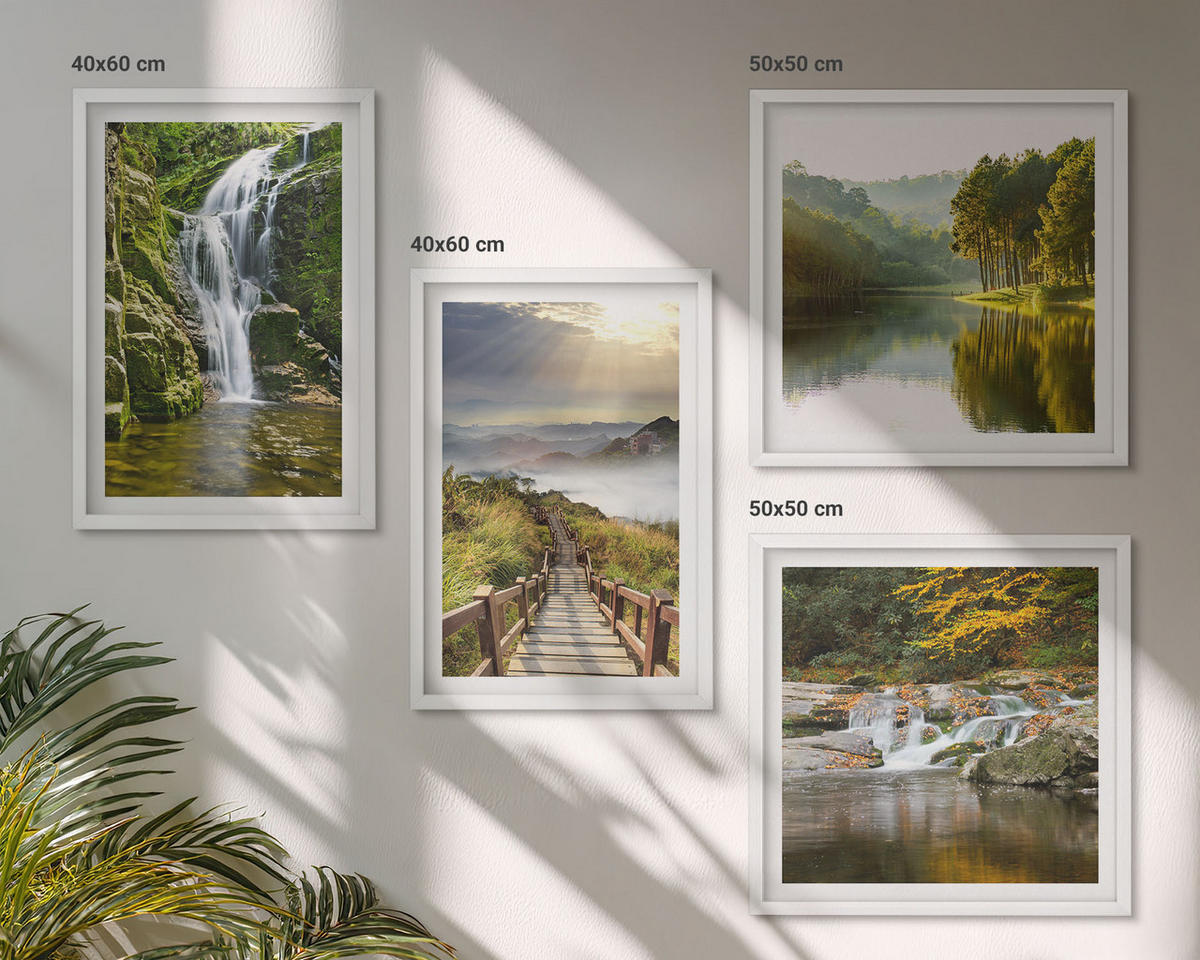 BILDER SET 4er Set - 50x50 cm & 40x60 cm Weißer Rahmen - Wasserfälle, Berge, Wolken, Herbst - Weiß, Kunststoff (50/50cm) - TULUP