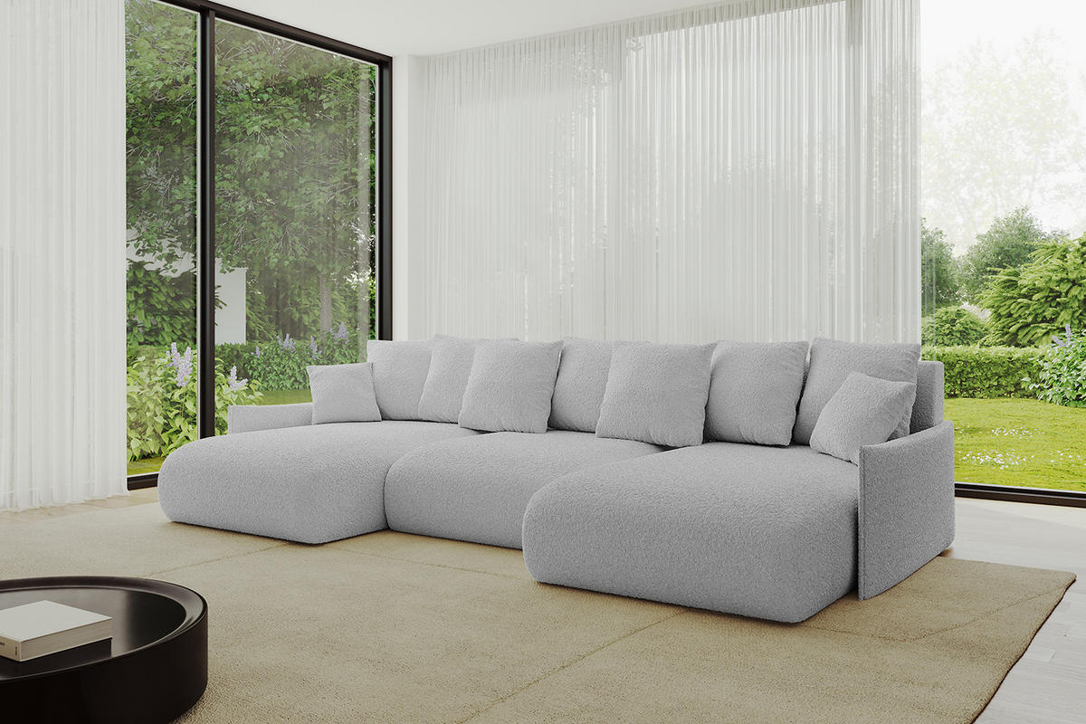 WOHNLANDSCHAFT mit Schlaffunktion und Bettkasten ONESK-U-v1 304x165x40 Hellgrau Bouclé - Hellgrau, Holzwerkstoff/Kunststoff (304/90/165cm) - ALTDECOR