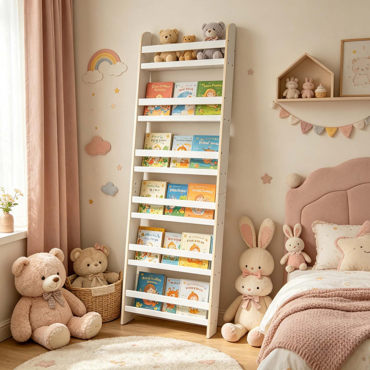 BIBLIOTECĂ Alb copii MDF 6 compartimente 200x55x10 cm - alb, compozit lemnos (55/200/10cm) - Relaxdays