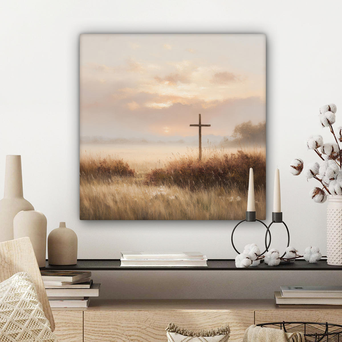 LEINWANDBILD Gras - Morgennebel - Kreuz - Christentum Wandbild Wohnzimmer 50x50 cm - Beige, Textil (50/50cm) - MuchoWow