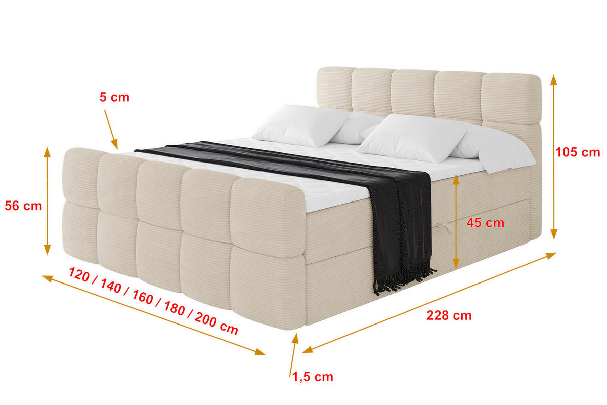 BOXBETT mit Matratze H3 - FAMA-Z - 120x200 cm Beige Poso - Ecru, Holzwerkstoff (120/200cm) - ALTDECOR
