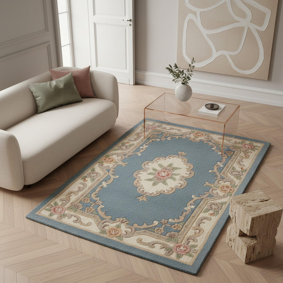 WOLLTEPPICH Aubusson-Muster handgeknüpft BEAULY, Blau-Beige 120x180 cm - Blau, Textil (120/180cm) - KADIMA DESIGN