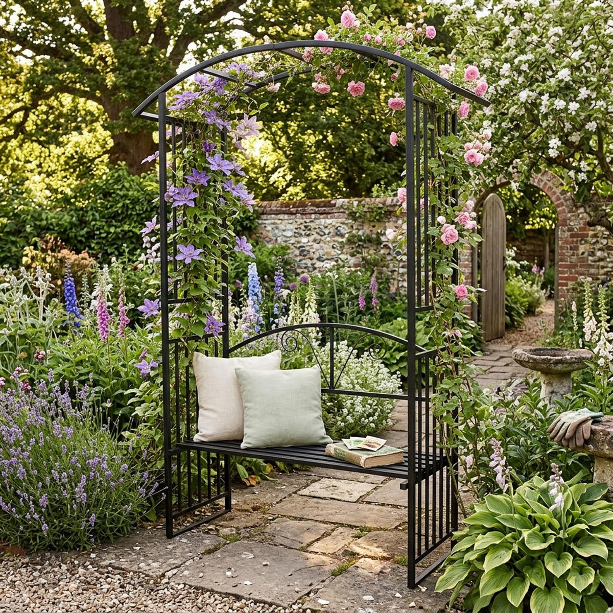 ROSENBOGEN Burton - Rankhilfe mit geschwungenem Oberteil und integrierter Sitzbank für 2 Personen. BxTxH: 150x50x230 cm - Schwarz, Metall (150/230/50cm) - TPFGarden