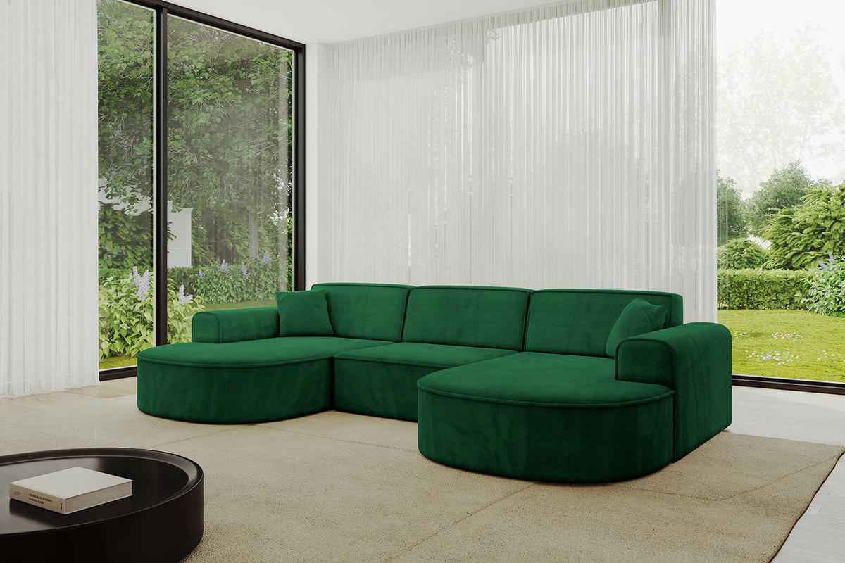 WOHNLANDSCHAFT MARI-U1 - 303x171x79 cm Dunkelgrün Velours - Dunkelgrün/Schwarz, Holzwerkstoff/Kunststoff (303/79/171cm) - ALTDECOR