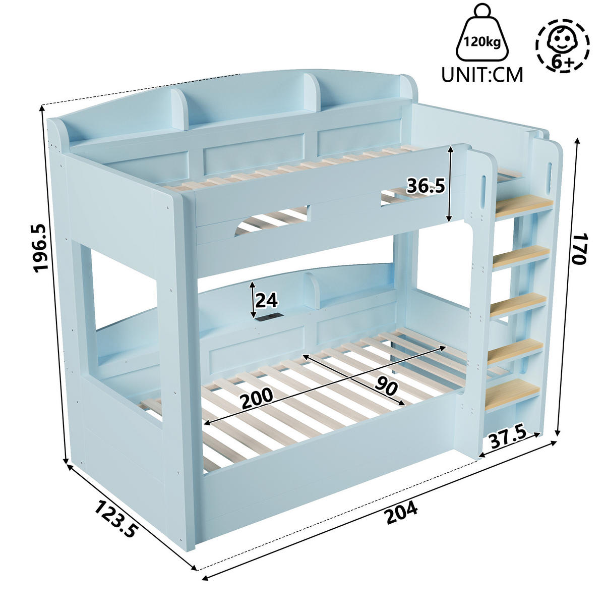 HOCHBETT 90x200 cm in Hellblau mit Unterbett, USB-Steckdose und Ablagefächern - Blau, Holz (90/200cm) - IVMEU