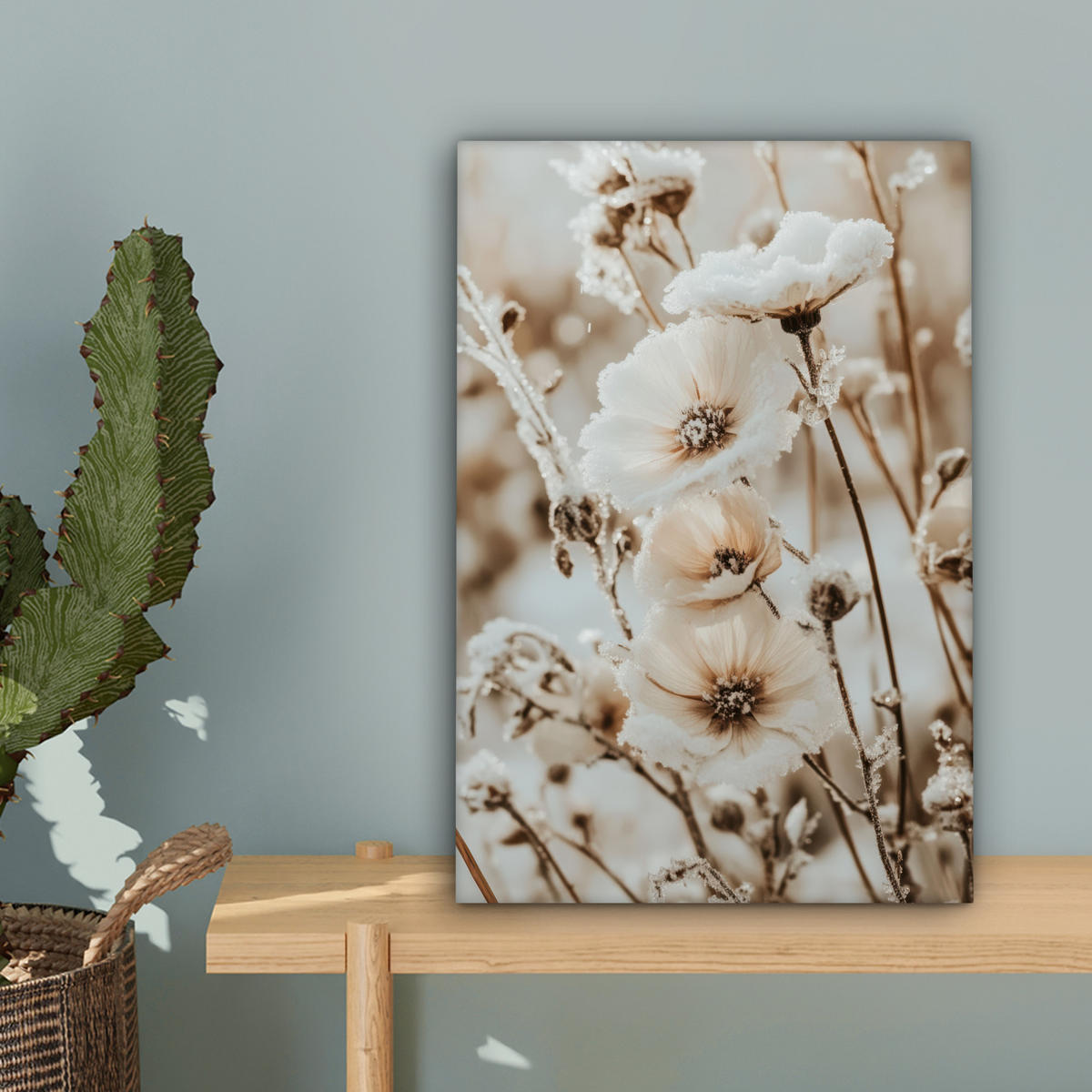 LEINWANDBILD Blumen - Winter - Weiß - Schnee - Beige Deko Wohnzimmer 20x30 cm - Creme, Textil (20/30cm) - MuchoWow