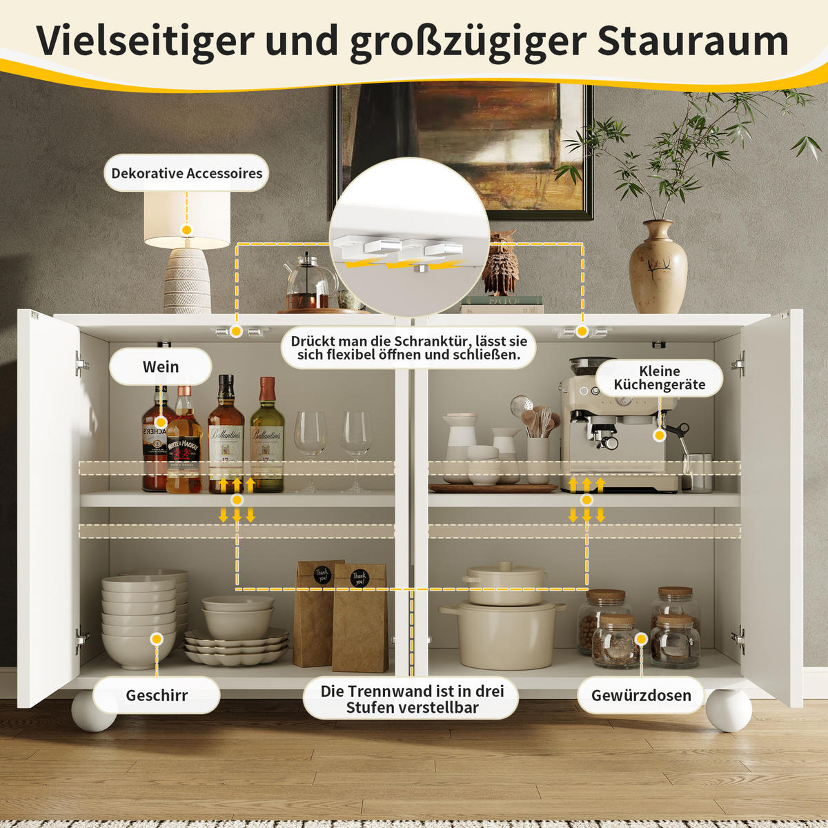 SIDEBOARD 120/35/71 cm aus MDF mit verstellbarem Einlegeboden Weiß/Creme - Weiß, Holzwerkstoff (120/71/35cm) - Modenvie