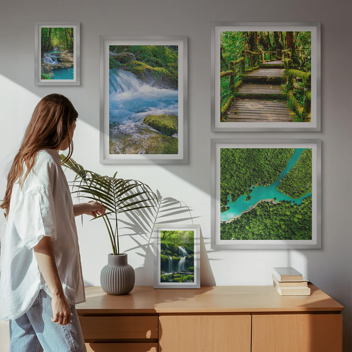 WANDBILDER 5er Set - 50x50 cm & 20x30 cm & 40x60 cm Silberner Rahmen - Grüne Berge, Flussfelsen - Silberfarben, Kunststoff (40/60cm) - ArtPrintCave