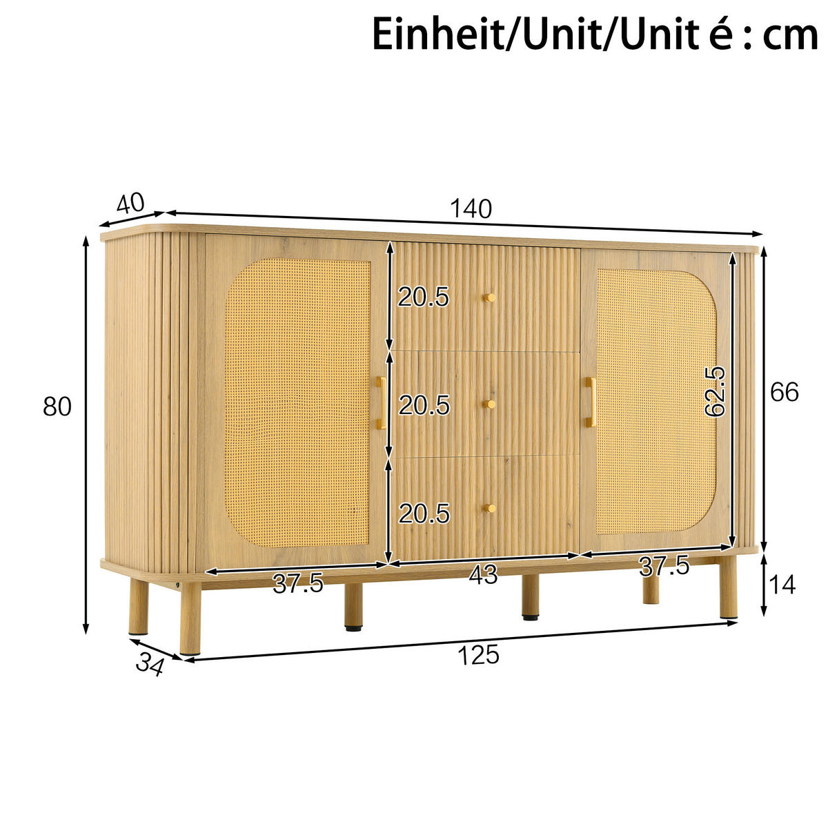 SIDEBOARD 140/40/80 cm in Natur mit Rattantüren und 3D-Wellenschubladen - Naturfarben, Holzwerkstoff (140/80/40cm) - Flora Grace