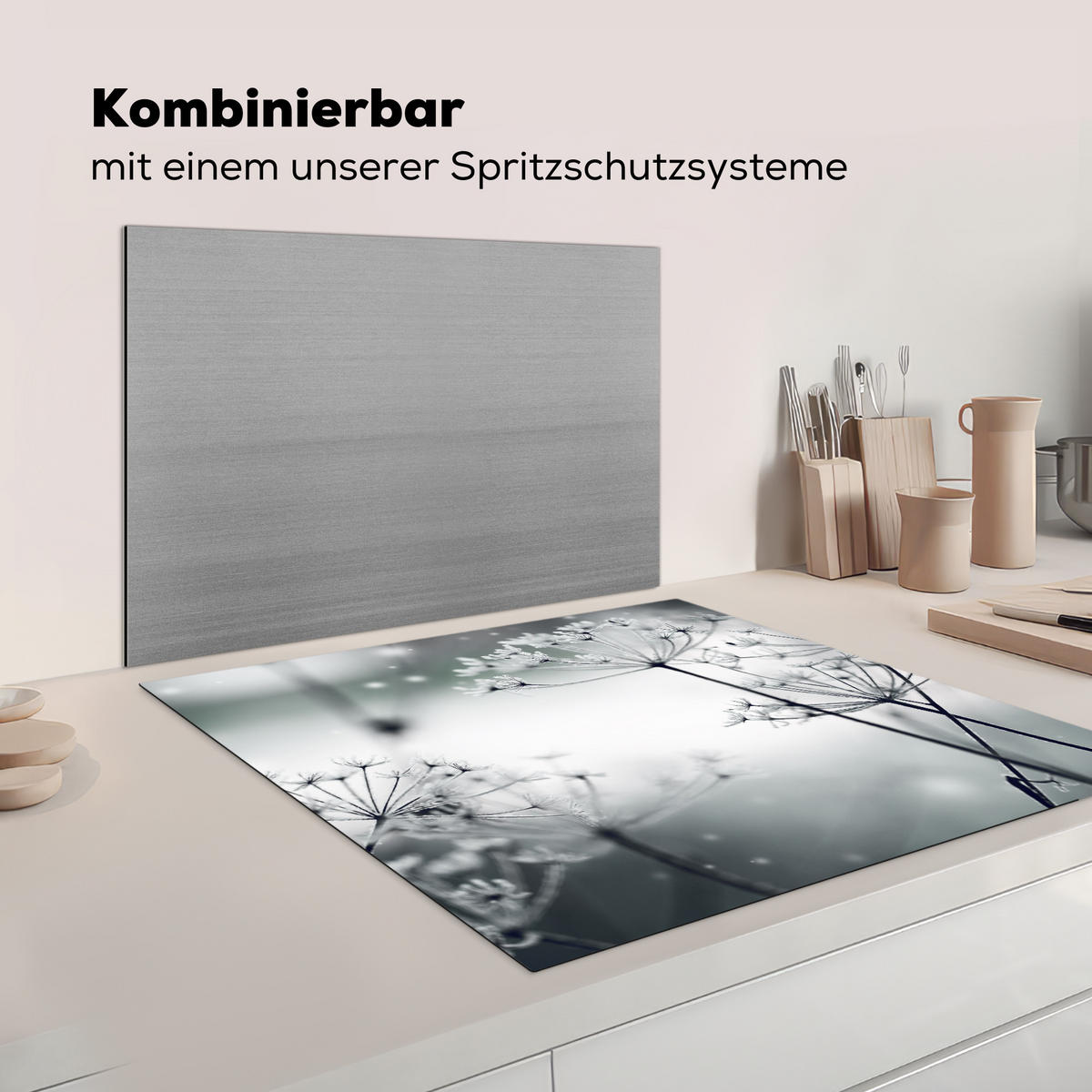 HERDABDECKPLATTE Blumen - Winter - Schnee - Natur Induktionsmatte 78x78 cm - Grau, Kunststoff (78/78/0.2cm) - MuchoWow