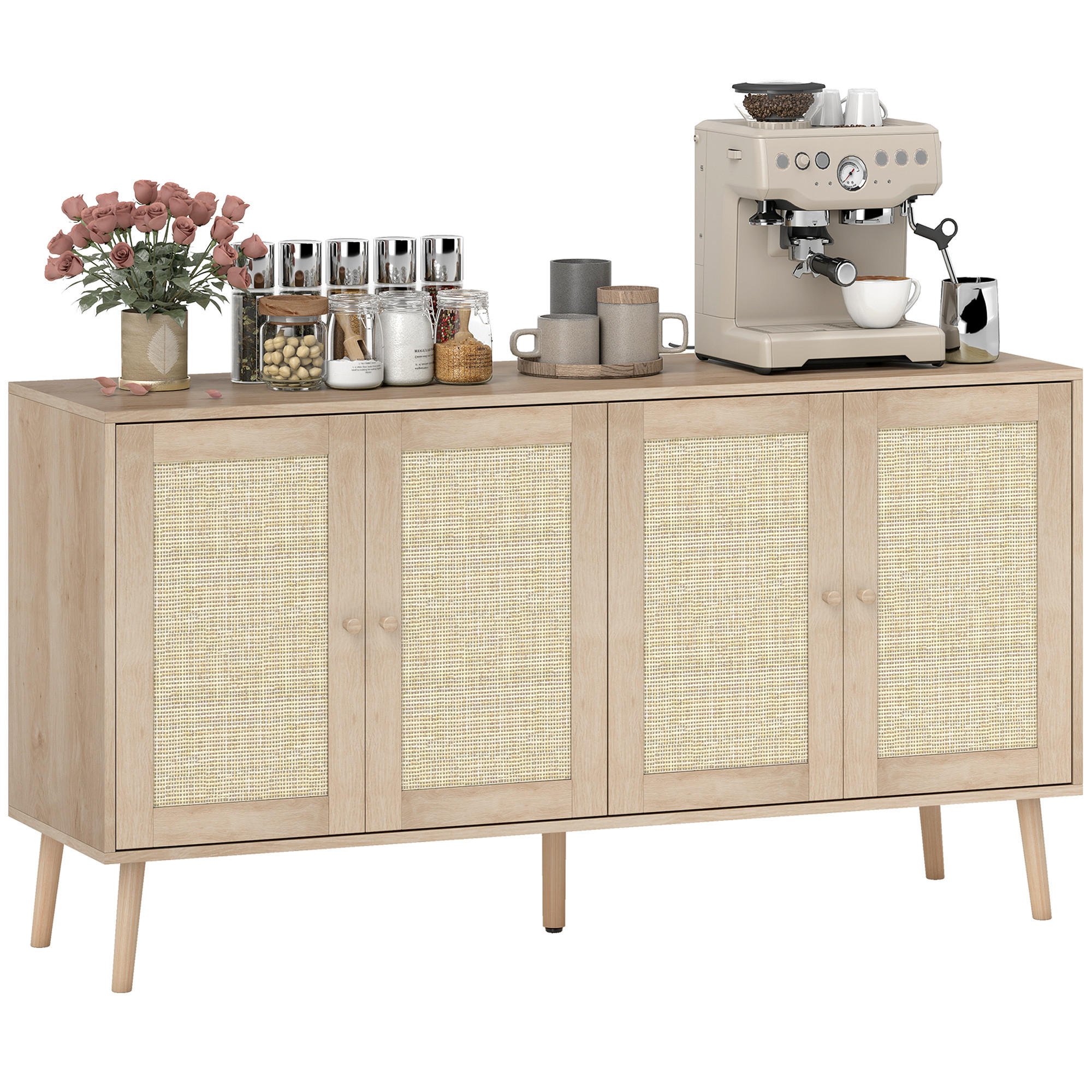 SIDEBOARD DE-11246 2 Türen mit Rattan & verstellbaren Böden Naturholz - Naturfarben, Holzwerkstoff (140/75/40cm) - ComfortXL