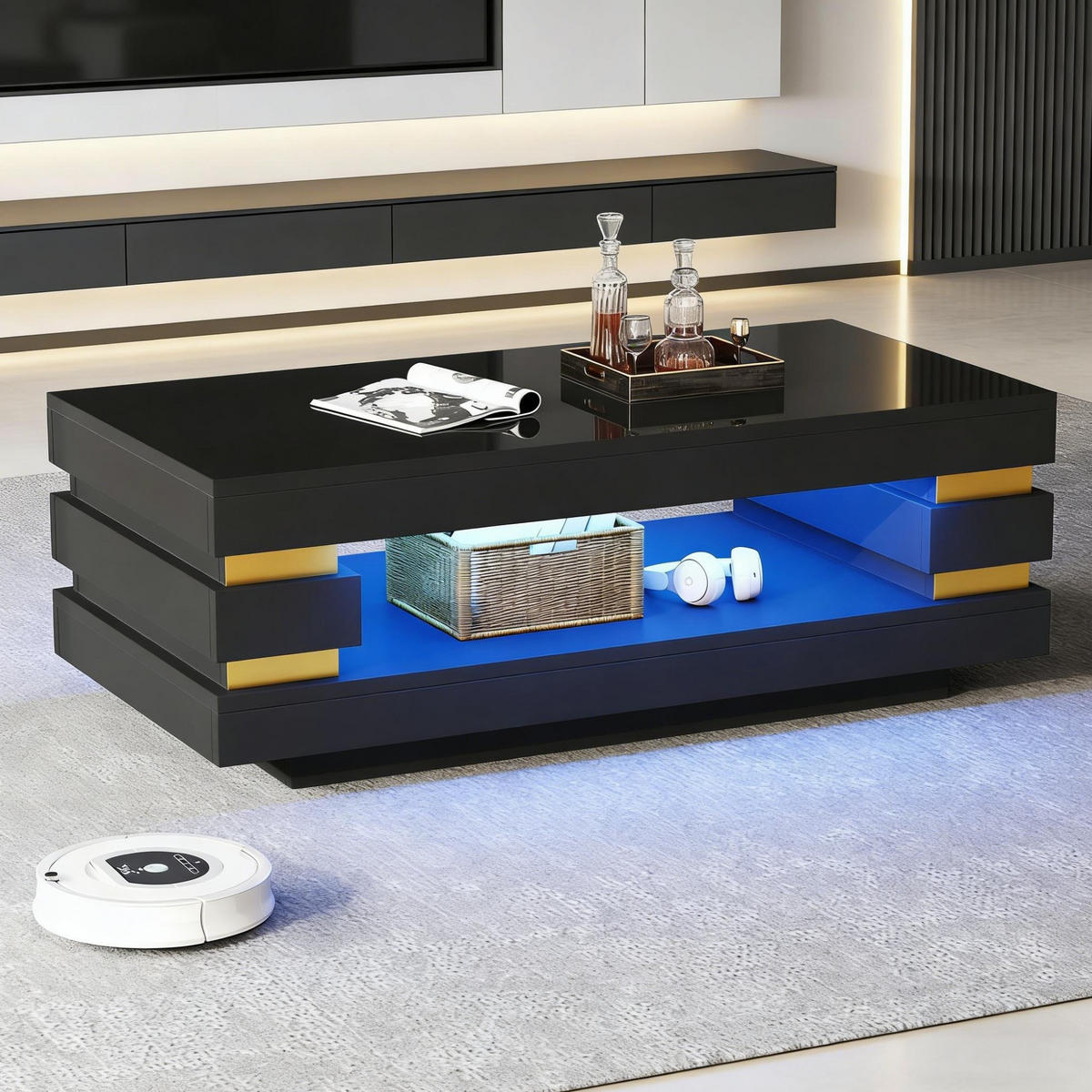 COUCHTISCH aus Spanplatte 100x50x35 cm in Schwarz mit LED-Beleuchtung - Schwarz, Holzwerkstoff (100/50/35cm) - Modfu