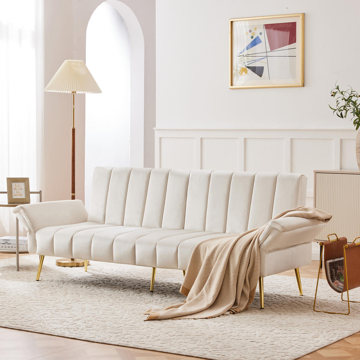 SOFA Schlaffunktion Klappbar Beige Samtstoff Hilfsfüße Modern Gästezimmer - Beige, Holz (83.82/24.77/43.69cm) - FLIEKS