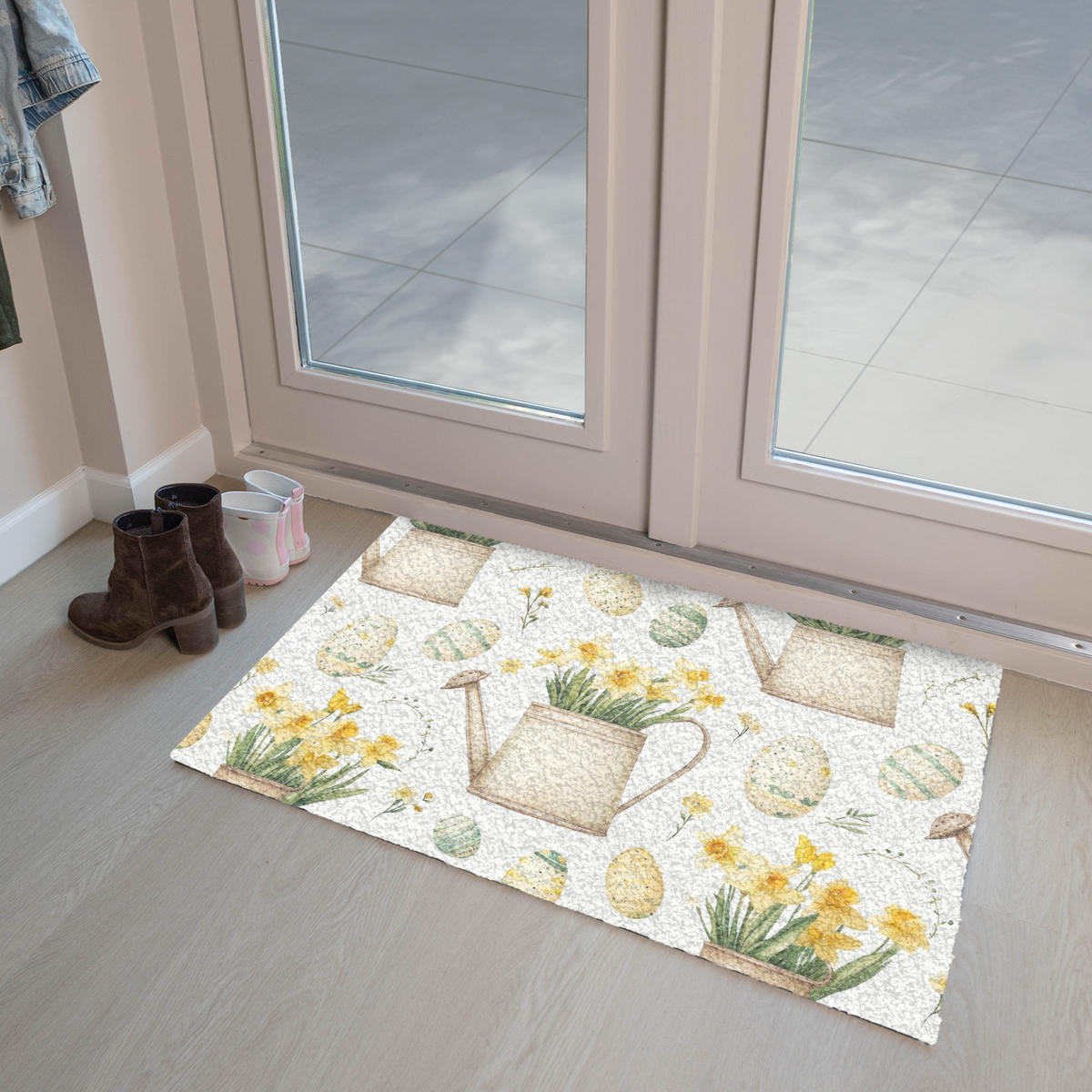 FUSSMATTE Gießkanne - Blumen - Eier 90x60 cm - Gelb/Weiß, Kunststoff (60/90cm) - MuchoWow