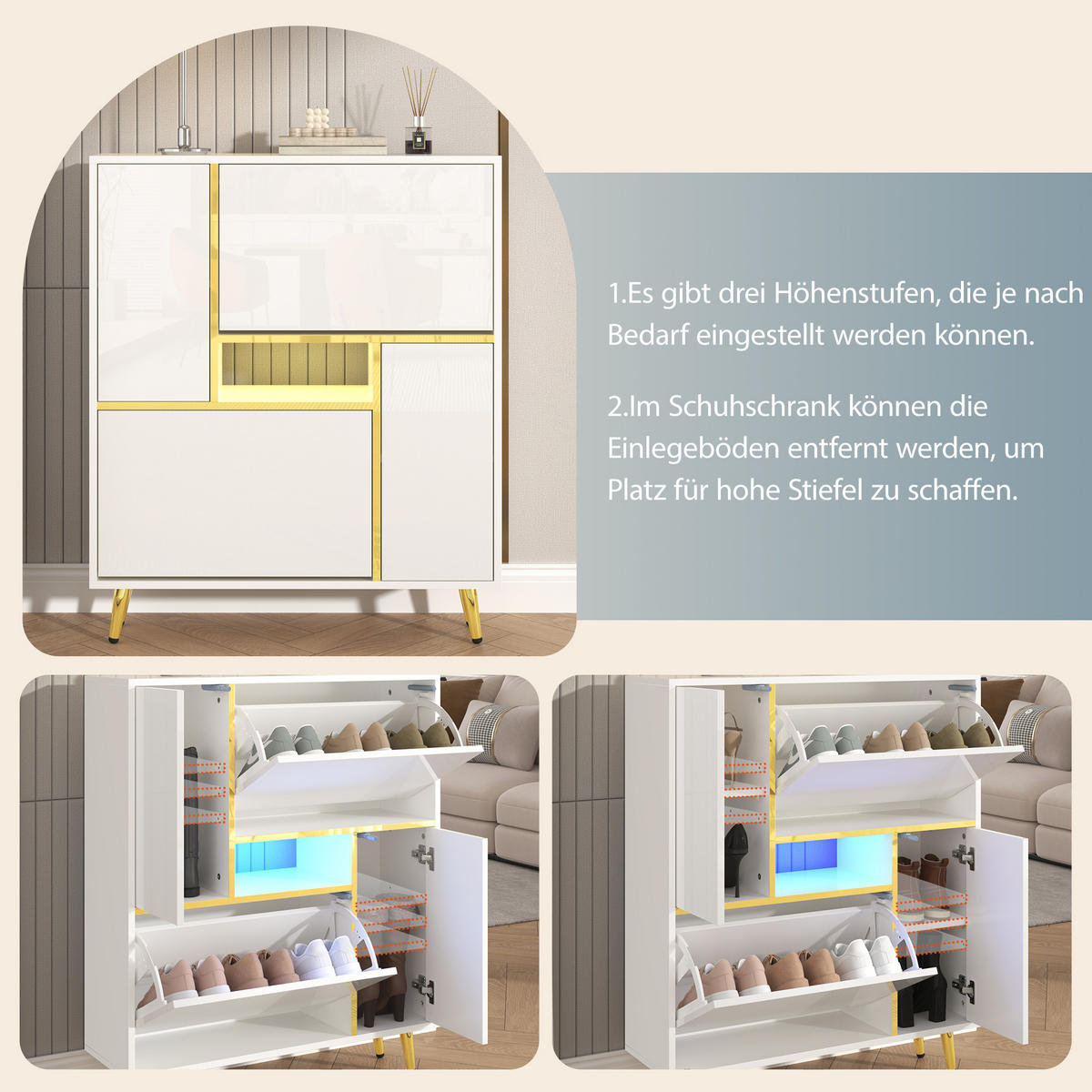 SCHUHKIPPER in Weiß Hochglanz mit LED-Beleuchtung - Weiß, Holzwerkstoff (80/96/25cm) - Urban Meuble