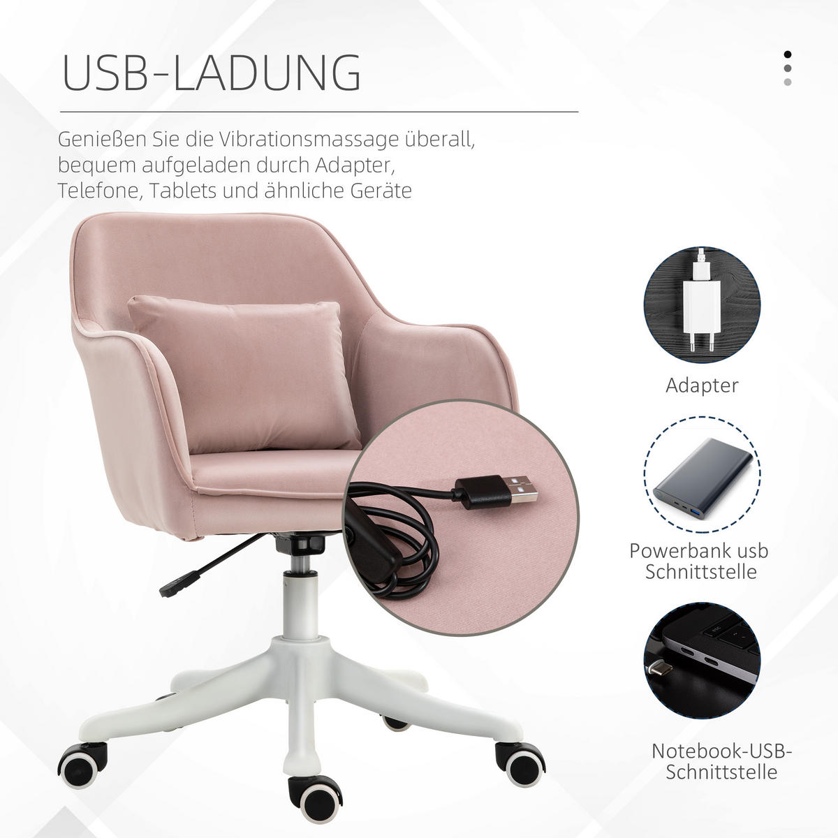 MASSAGE Bürostuhl Drehstuhl Arbeitstuhl mit Vibrationsfunktion Samt Rosa - Rosa, Textil (70/86/57cm) - Vinsetto