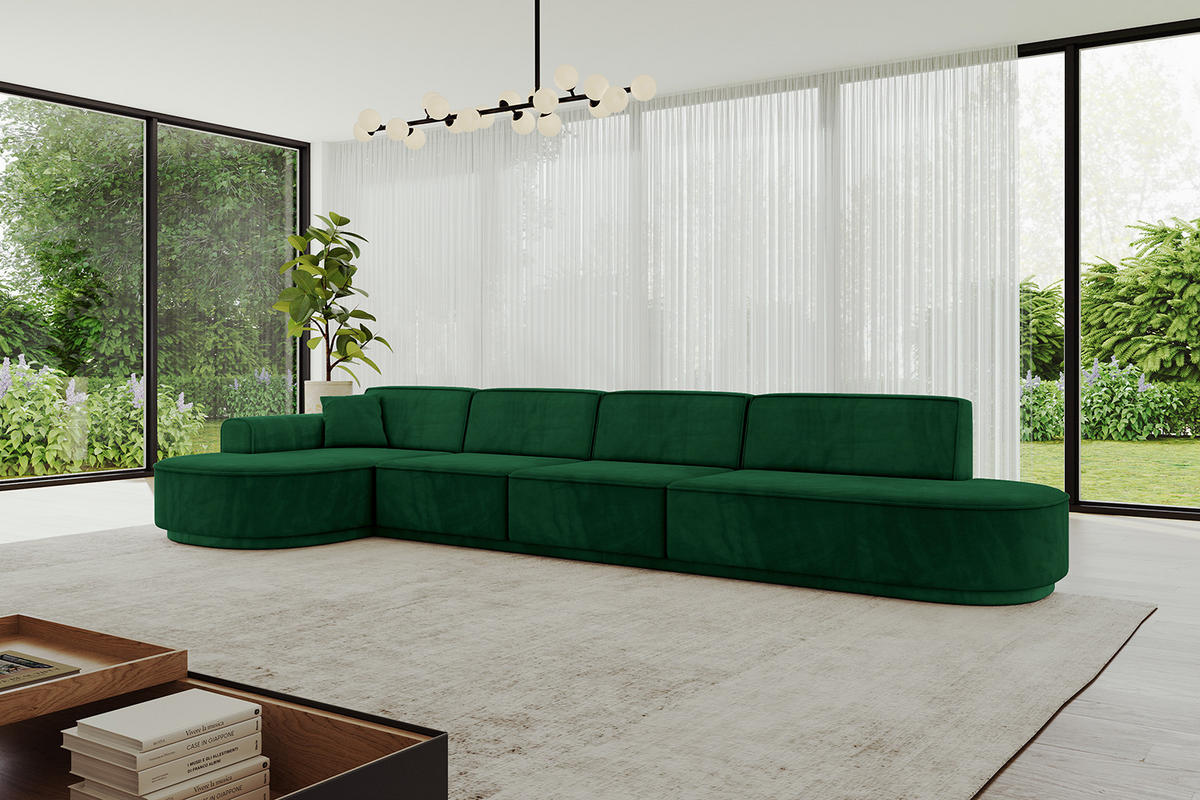 ECKSOFA Ottomane Links MARI-L3-v3 - 413x171x83 cm Dunkelgrün Velours - Dunkelgrün/Schwarz, Holzwerkstoff/Kunststoff (413/171cm) - ALTDECOR