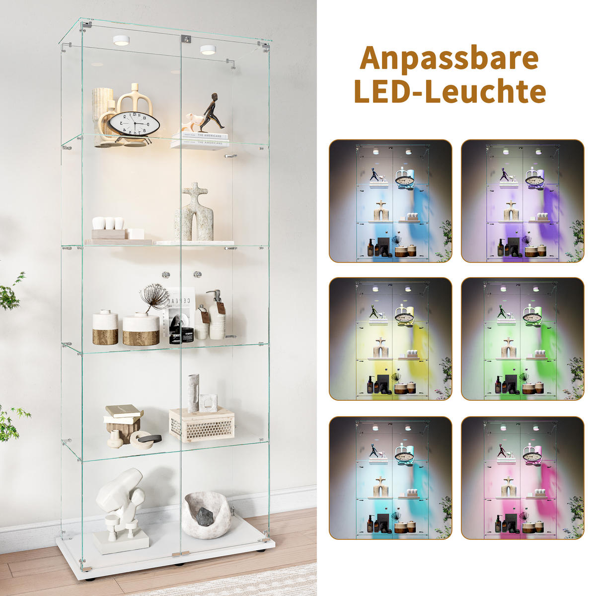 GLASVITRINE mit 5 Glasböden, Touch-LED, zweitürig mit Schloss, Weiß - Weiß, Glas (36.5/183/80.6cm) - BRILVERDE