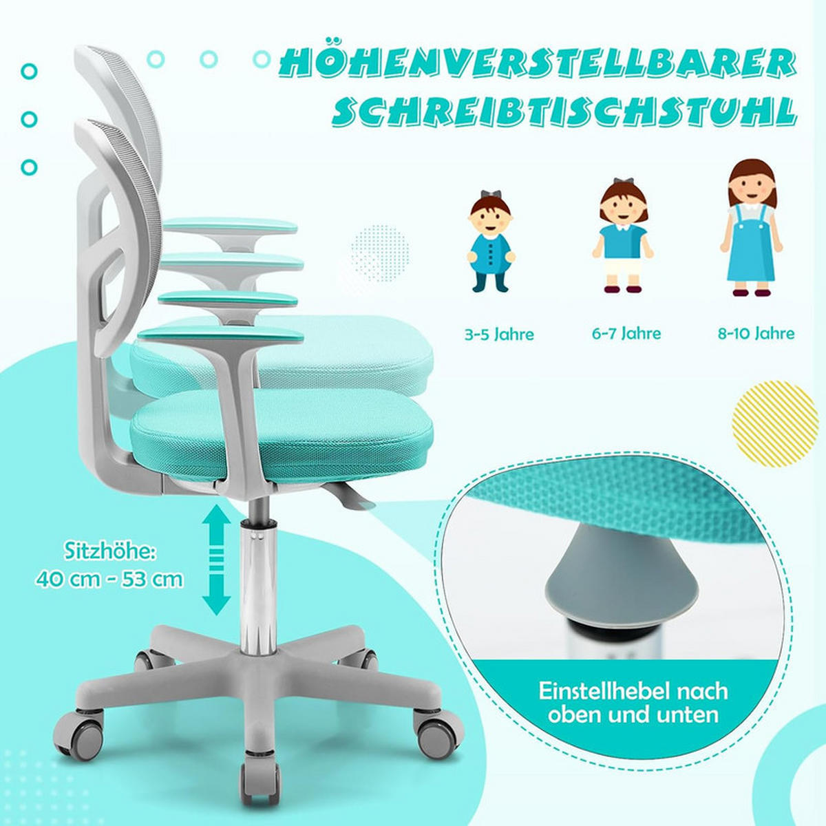 KINDER‑BÜROSTUHL 360°drehbar türkis - Hellblau, Kunststoff (54/80/54cm) - COSTWAY