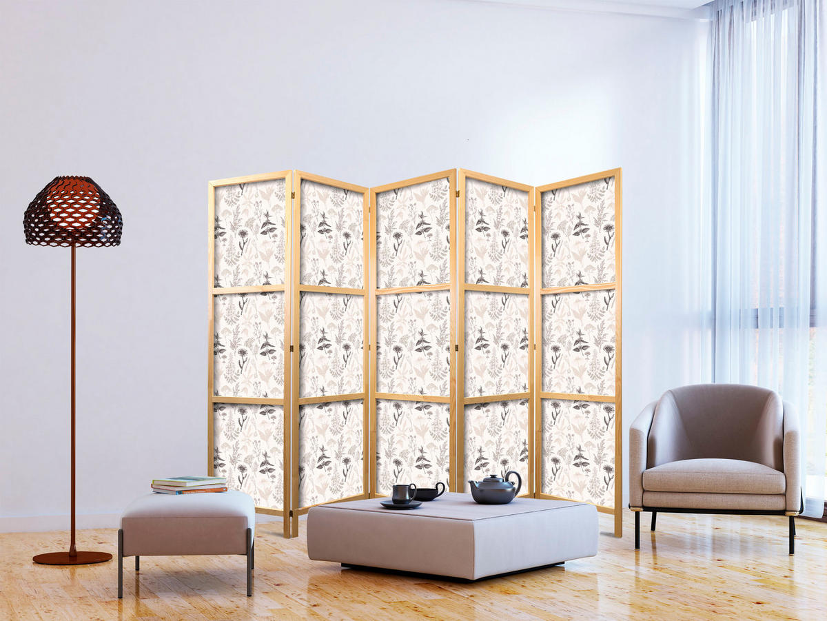 PARAVENT Japanischer 5-tlg 225x172 cm Kr uter Und Blumen - Beige, Holz/Textil (225/172/3cm) - Muralo