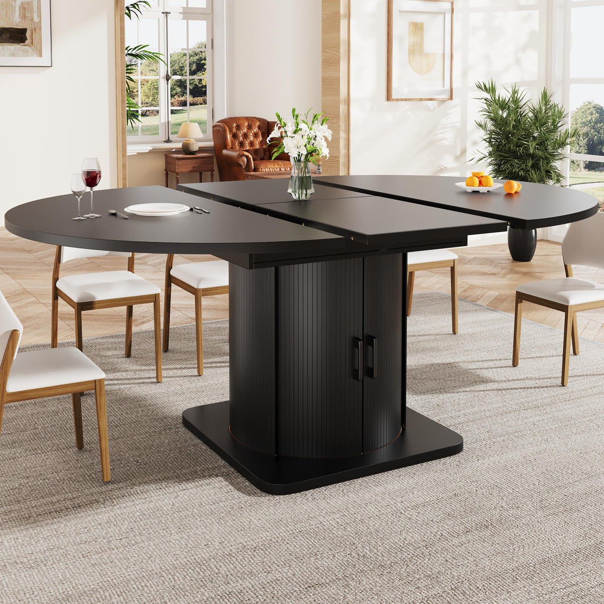 ESSTISCH in Schwarz Runder Küchentisch mit 118-158 ausziehbarer Tisch und Schubladen, 118-158/118/76cm - Schwarz, Holzwerkstoff (118/118/76cm) - STILVORA