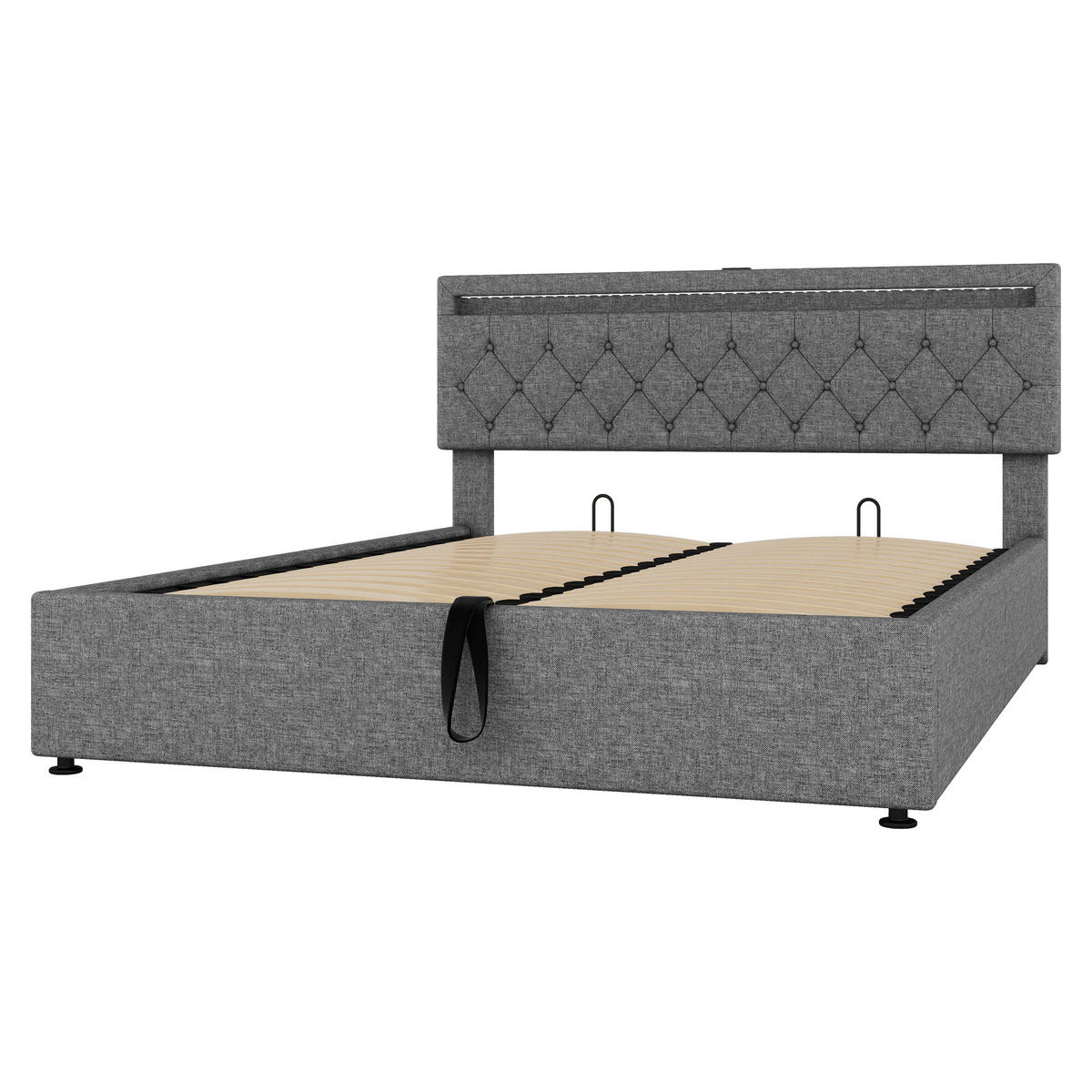FLACHBETT 160x200cm Grau gepolstert LED Hydraulik USB-C Stauraum - Grau, Holz (160/200cm) - FLIEKS