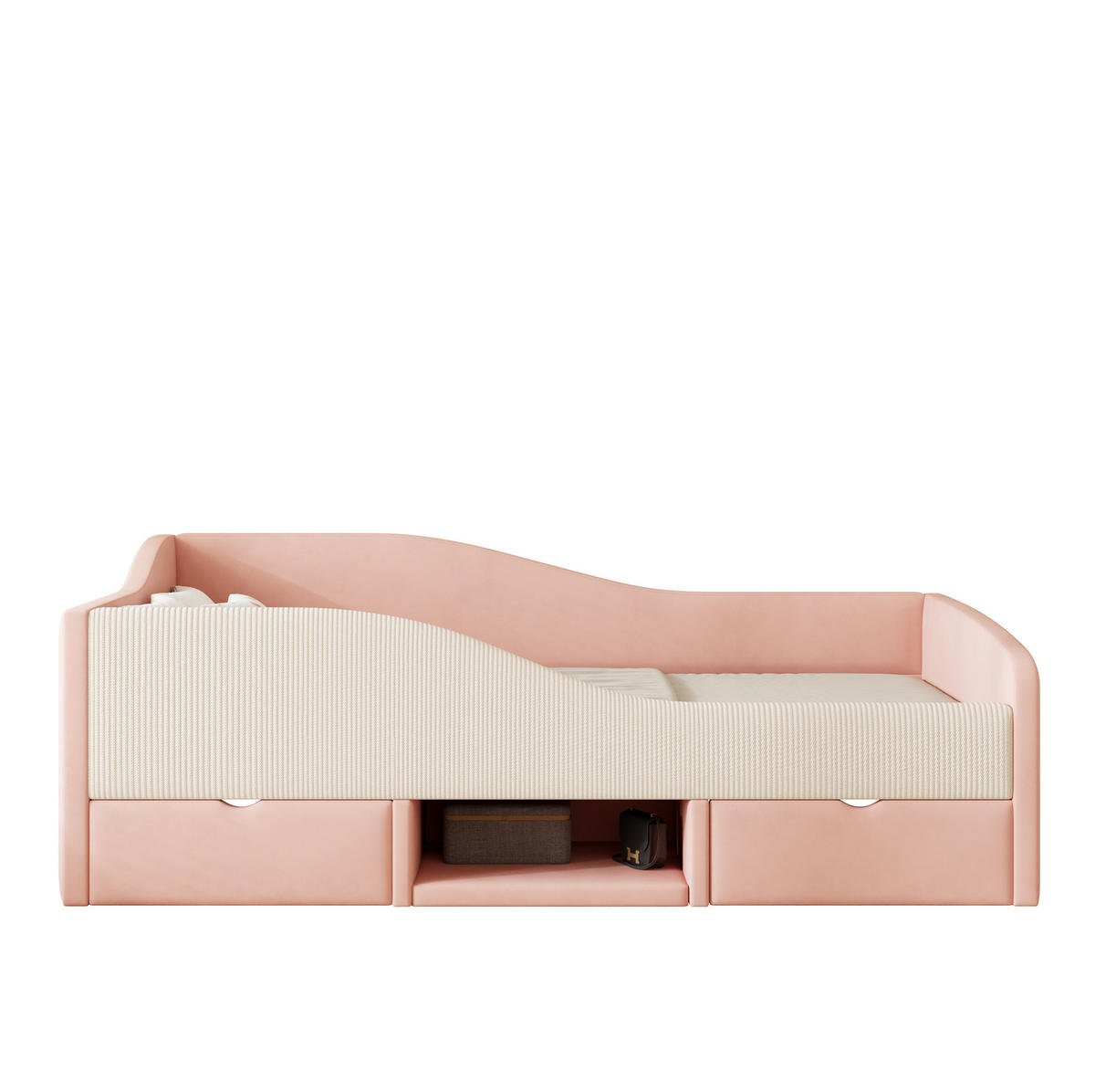 POLSTERBETT aus Samt 90x190 cm Rosa/Cremeweiß mit Schutzgitter, 2 Schubladen und Stauraum - Rosa, Textil (90/190cm) - Modfu