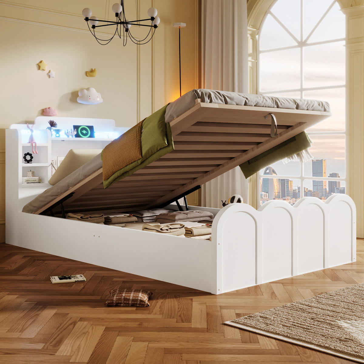 KINDERBETT 90/200 cm aus Holz mit hydraulischem Stauraum, LED-Beleuchtung, USB- und USB-C-Anschluss, Weiß - Weiß, Holz (90/200cm) - Redom