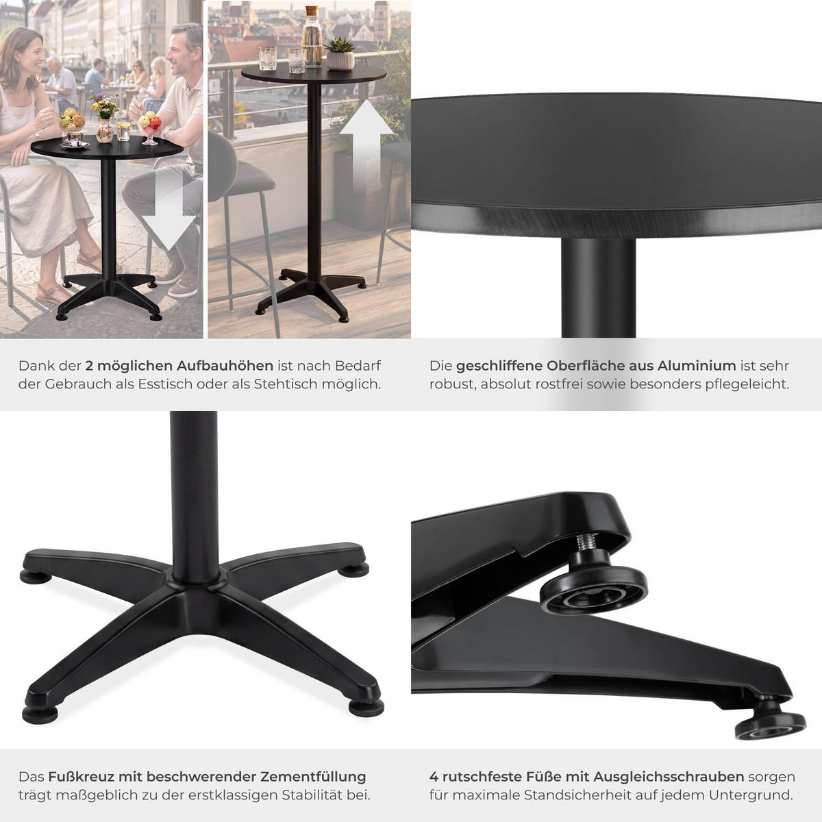 BISTROTISCH aus Aluminium Frederic, höhenverstellbare Kunststofffüße, schwarz - Schwarz, Holz (67/67/110cm) - tectake