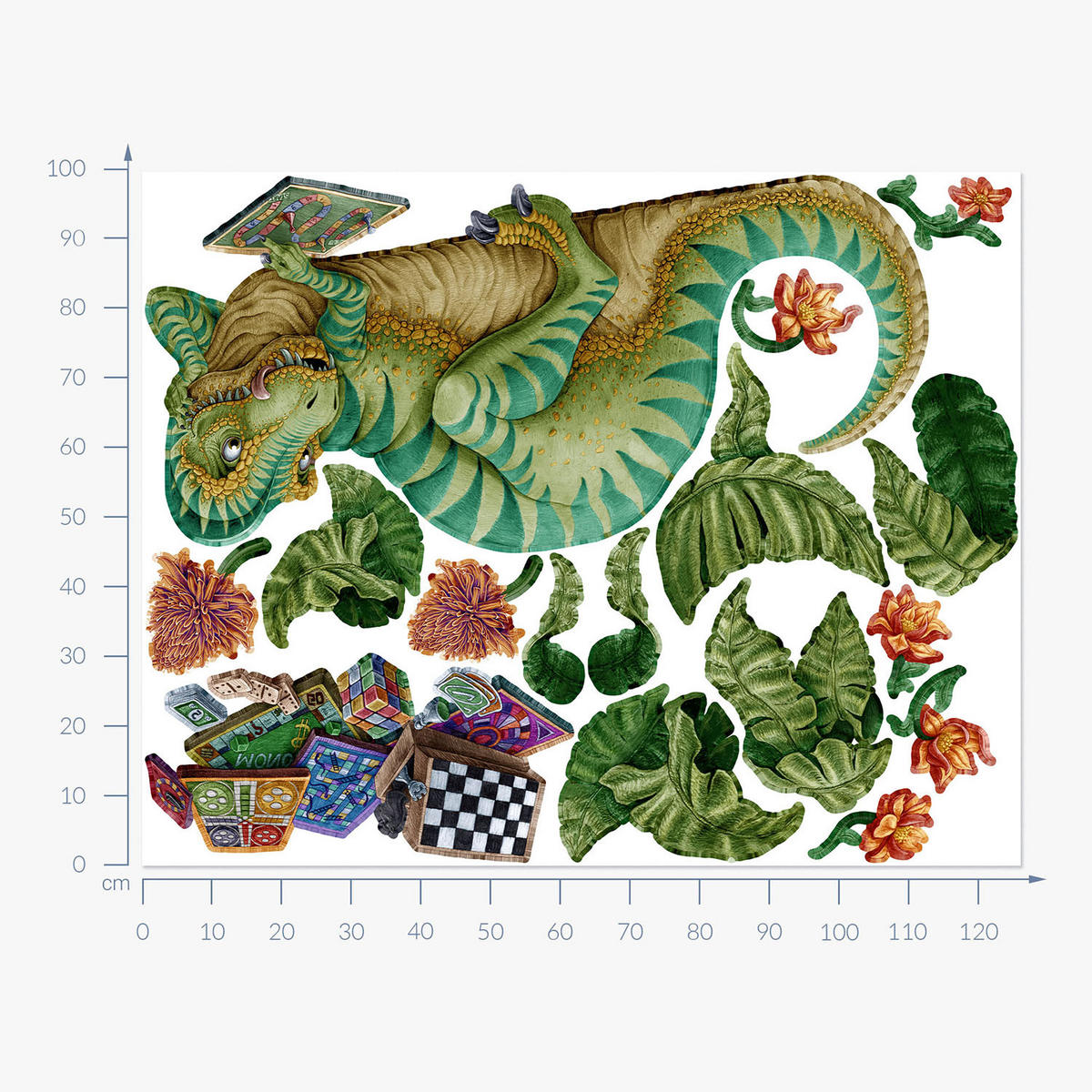 WANDAUFKLEBER 100x127cm - Dino mit einem Brettspiel - Multicolor, Kunststoff (100/127/0.1cm) - Wallfluent