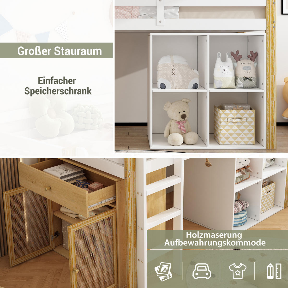 KINDERHOCHBETT aus Massivholz 90x200 cm in Weiß mit 2 Schränken & Leiter - Weiß, Holz (90/200cm) - Modfu