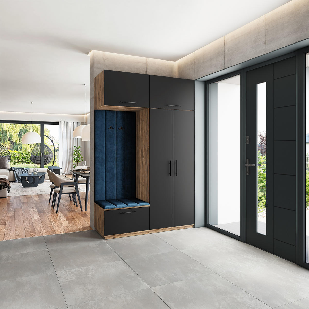 GARDEROBENSCHRANK REMA 150/240/60 cm Modern Garderobe-Set Eiche Lefkas - Blau/Eichefarben, Holzwerkstoff (150/240/60cm) - MASSENO