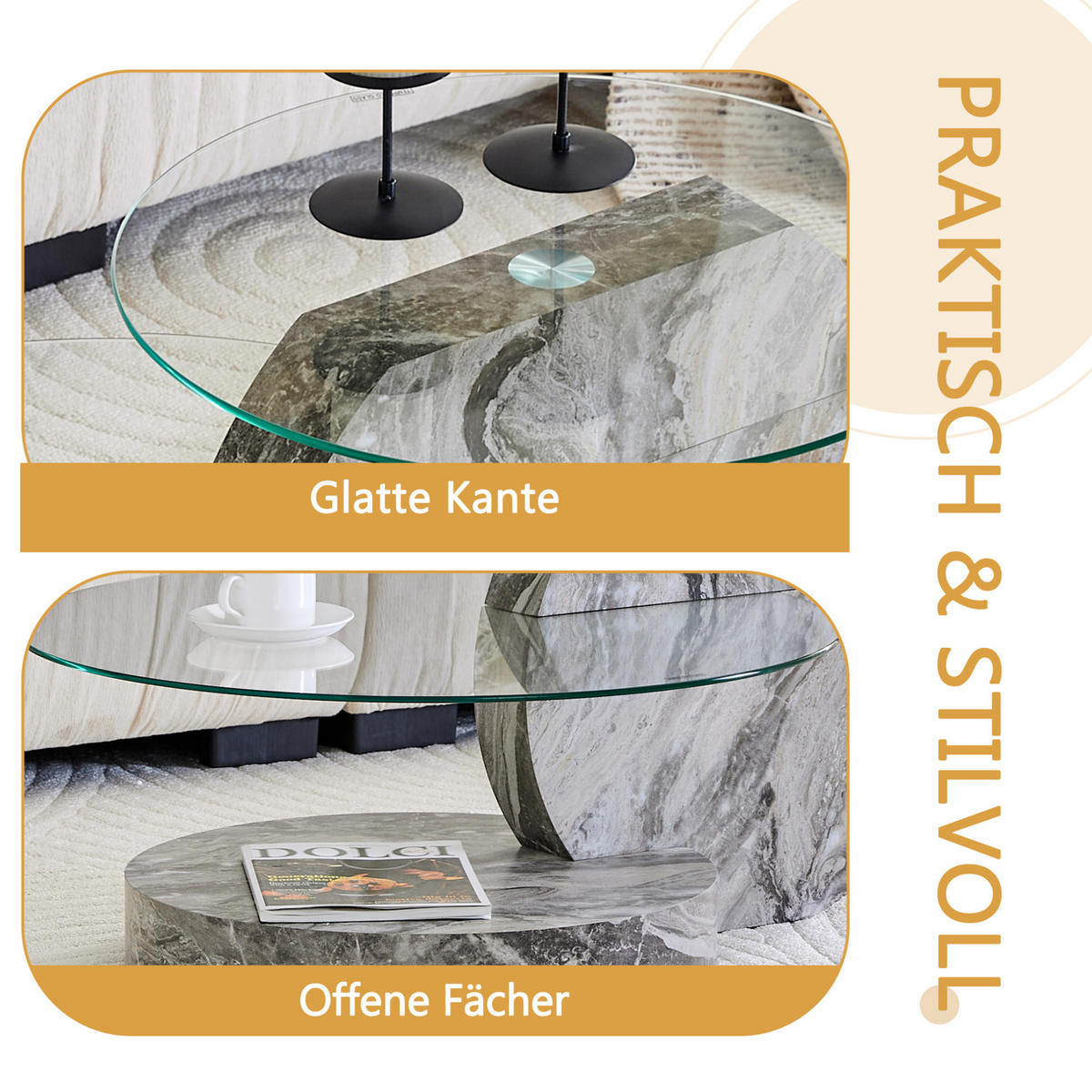 COUCHTISCH 70 cm mit Ablage aus Sicherheitsglas in grauer Marmoroptik - Transparent, Holzwerkstoff (90/70/44cm) - BEAOK