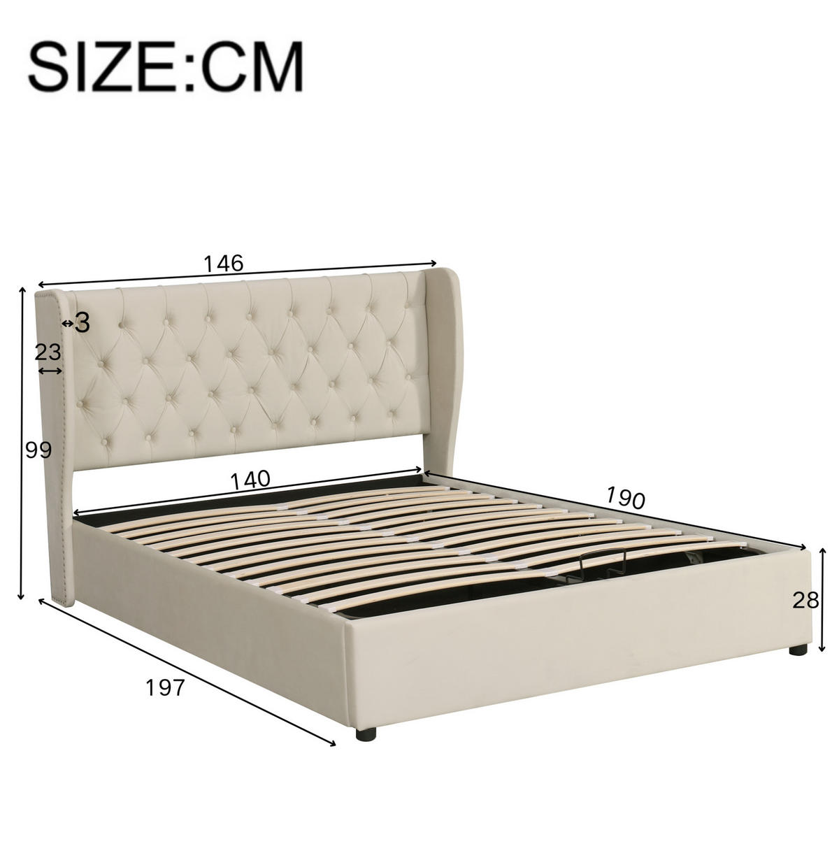 POLSTERBETT 140/190 cm mit hydraulischem Bettkasten, Lattenrost und Kopfteil in Ohrenform aus Samt, Beige - Beige, Textil (140/190cm) - Redom