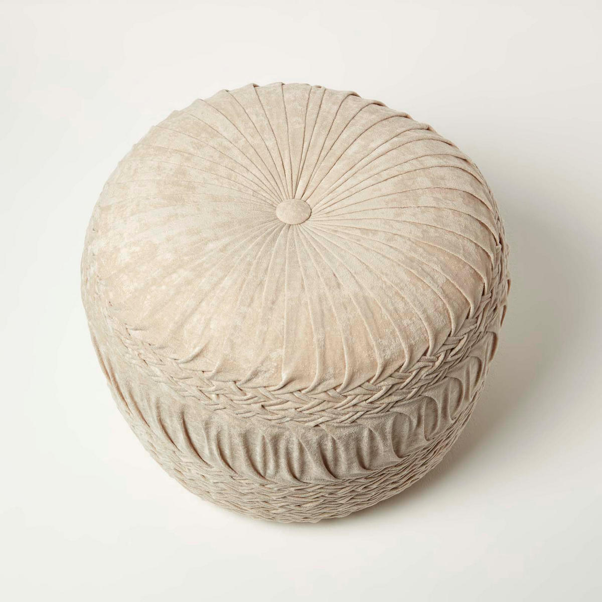 SAMT-POUF Sofia creme, plissiert in Flechtoptik, 50/50/35 cm - Creme, Textil (50/35/50cm) - Homescapes
