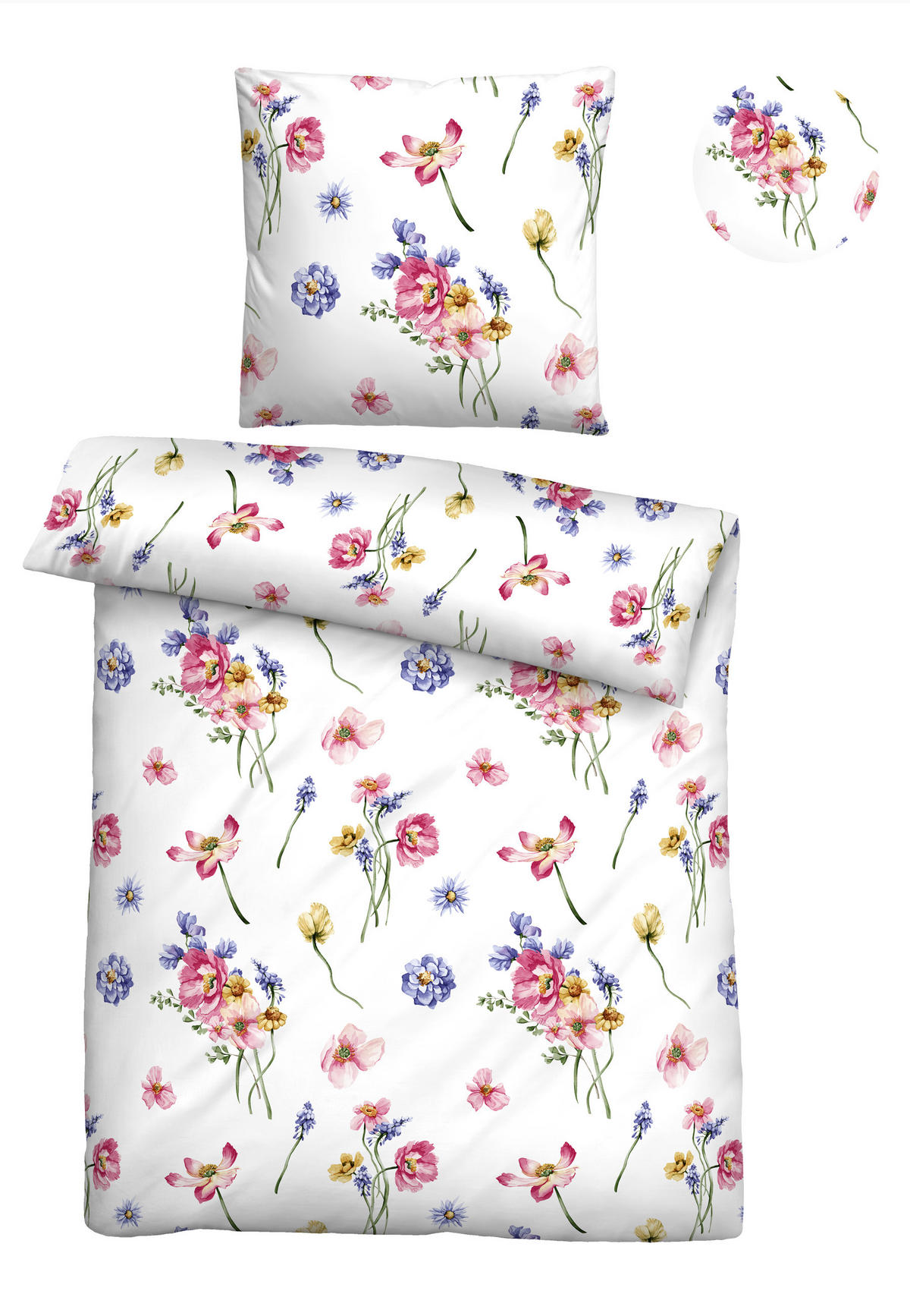 BETTWÄSCHE-GARNITUR Seersucker Sommerblumen pink, 155x200 cm + 80x80 cm - Pink, Textil (155/200cm) - biberna
