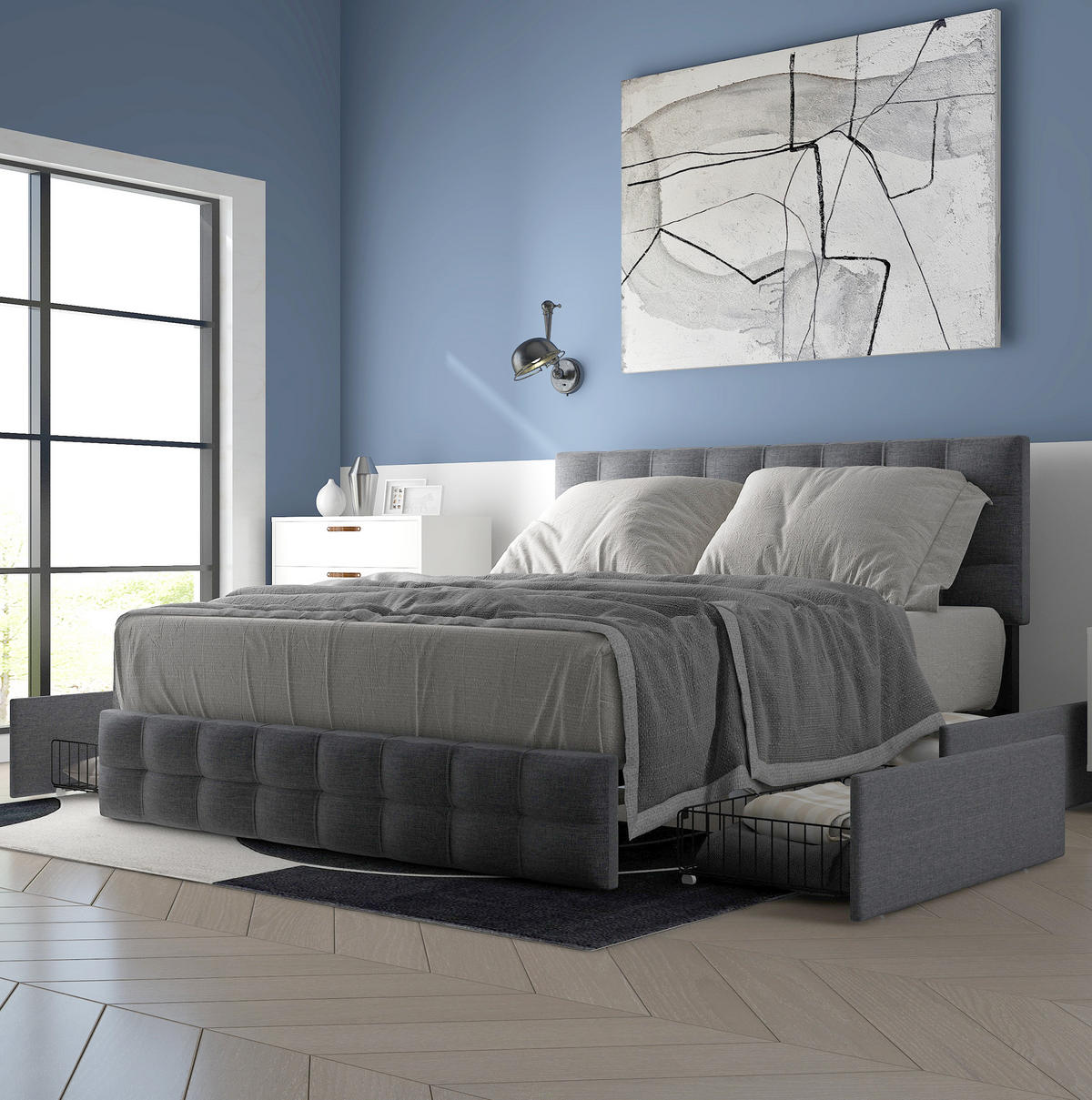 POLSTERBETT aus Leinen 140x200 cm Grau mit 4 Schubladen & verstellbarem Kopfteil - Grau, Textil (140/200cm) - Modfu
