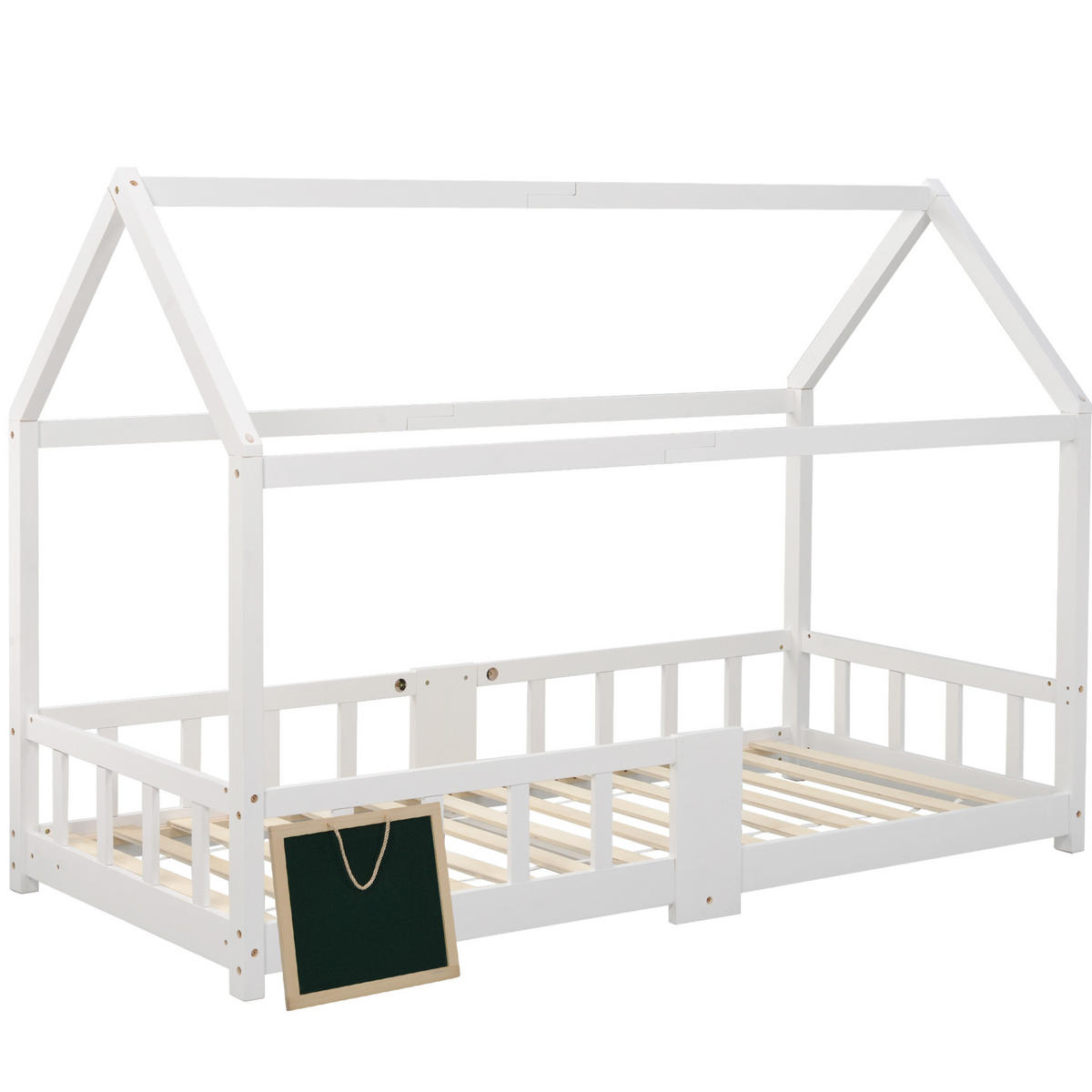 KINDEREINZELBETTEN aus Massivholz 90x200 cm in Weiß mit Tafel & Rausfallschutz - Weiß, Holz (90/200cm) - Modfu