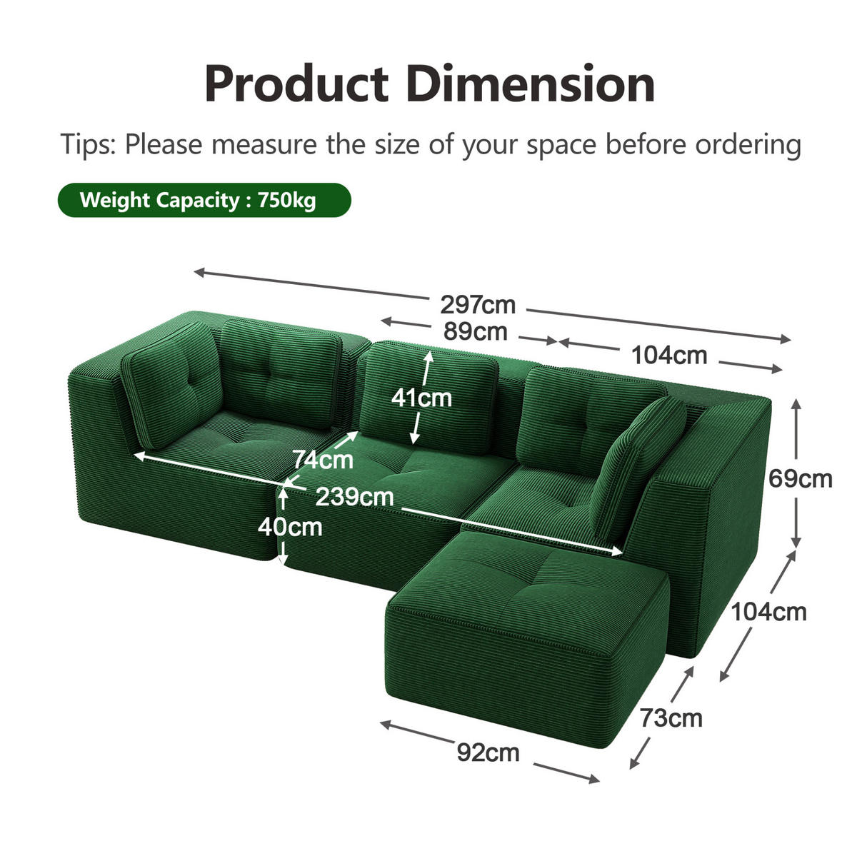 ECKSOFA modular Cord Grün 3-tlg. - Grün, Kunststoff (177/297cm) - Meubliv