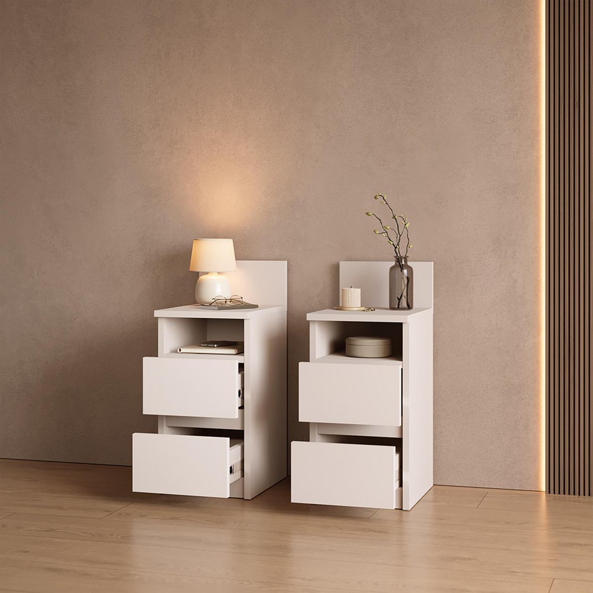 NACHTTISCH Roya, Weiß, 2er Set - Weiß, Holzwerkstoff (25/59.1/32.3cm) - Livinity®