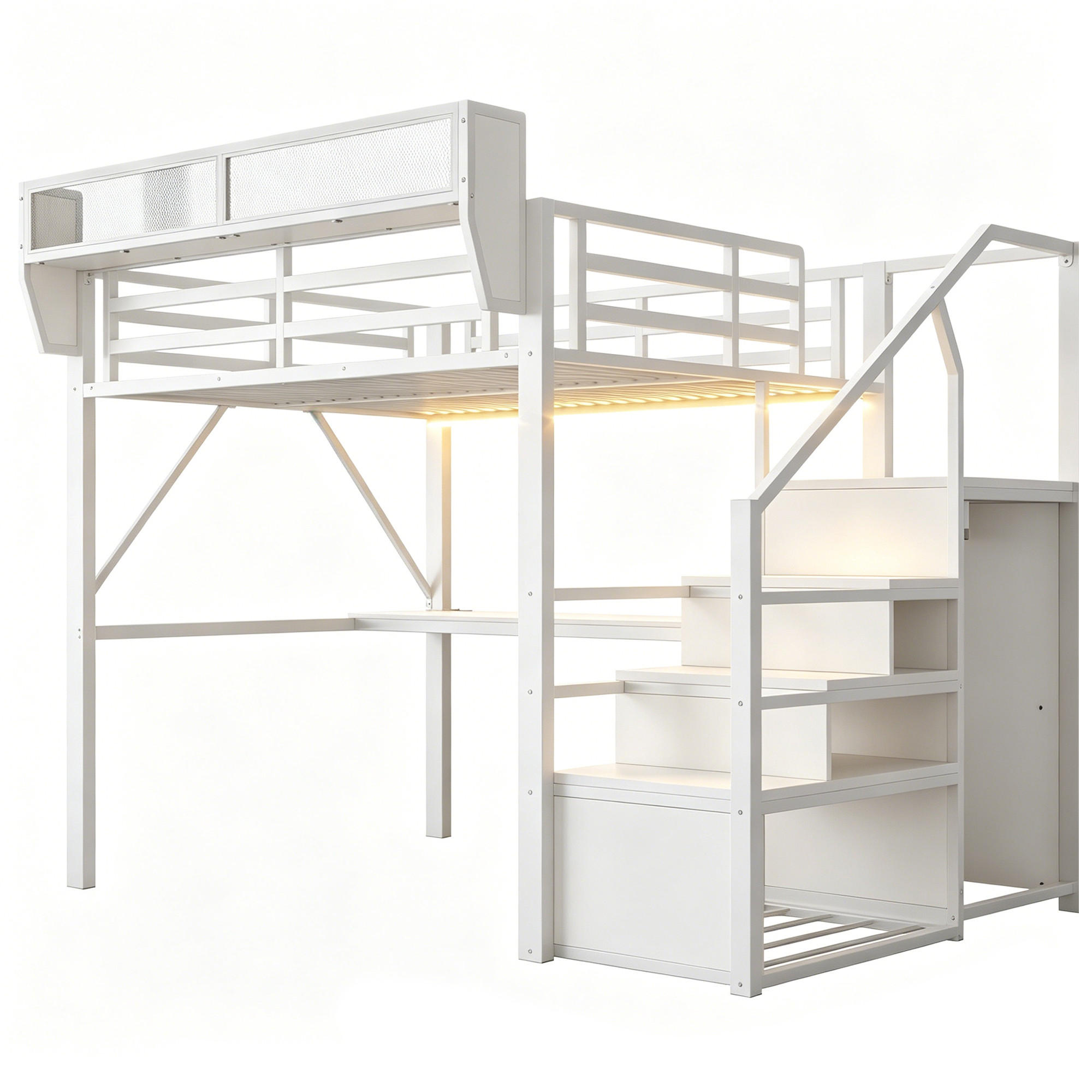HOCHBETT 140/200 cm DE-32583 mit Schreibtisch, LED und Stauraum Weiß - Weiß, Metall (140/200cm) - ComfortXL